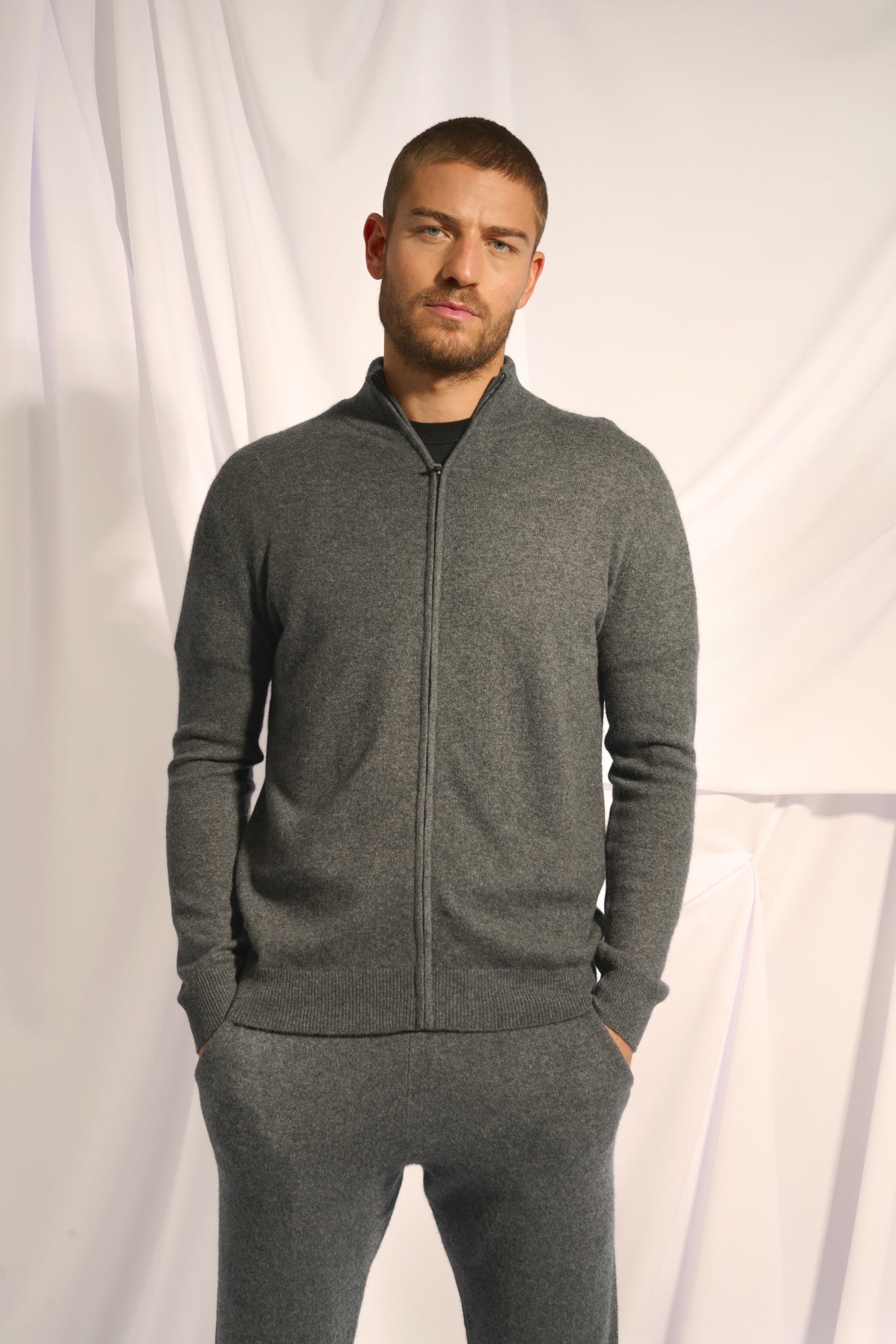 ALAN anthracite mottled stand-up collar cardigan