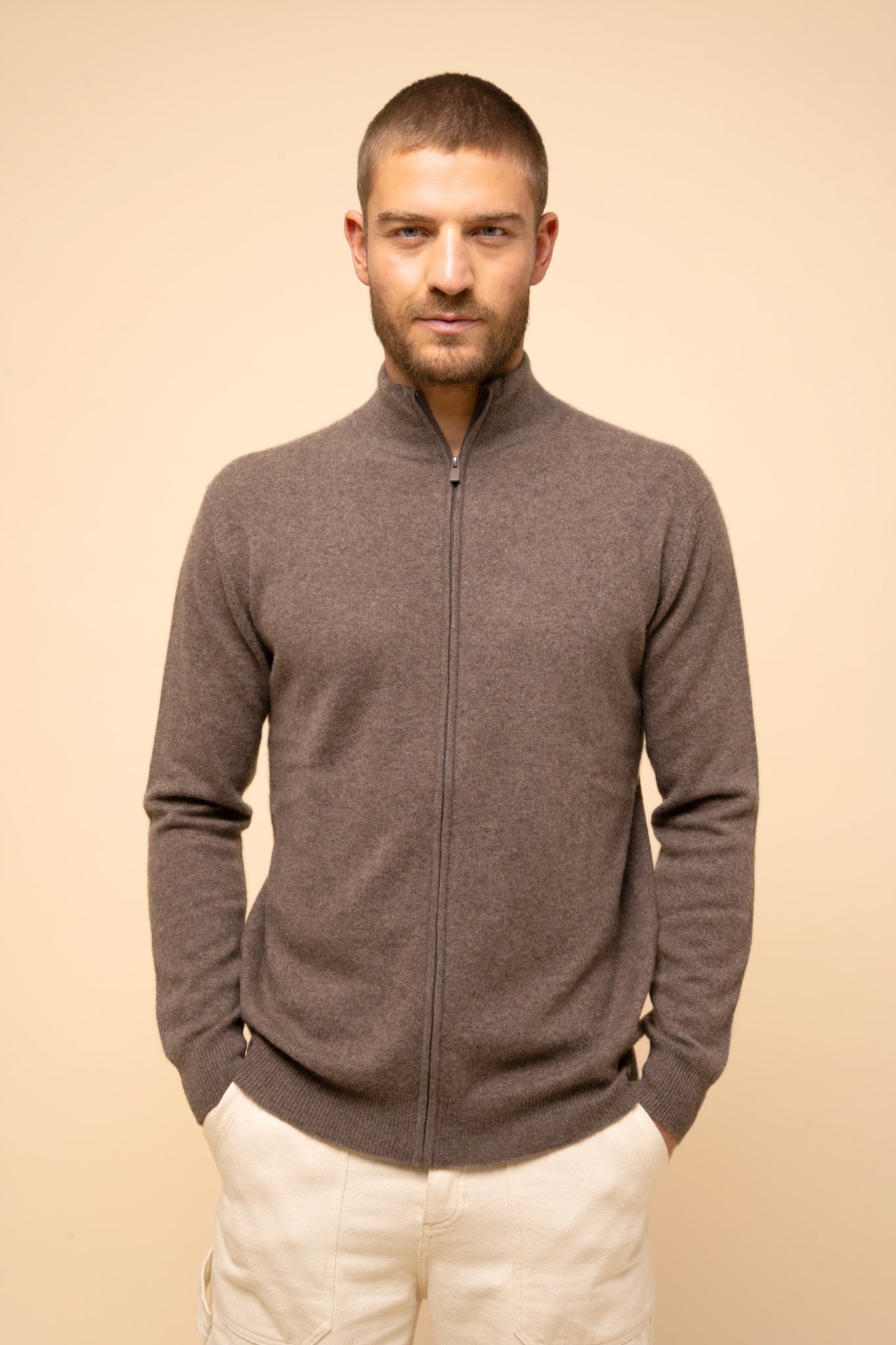 ALAN taupe heathered high-neck cardigan