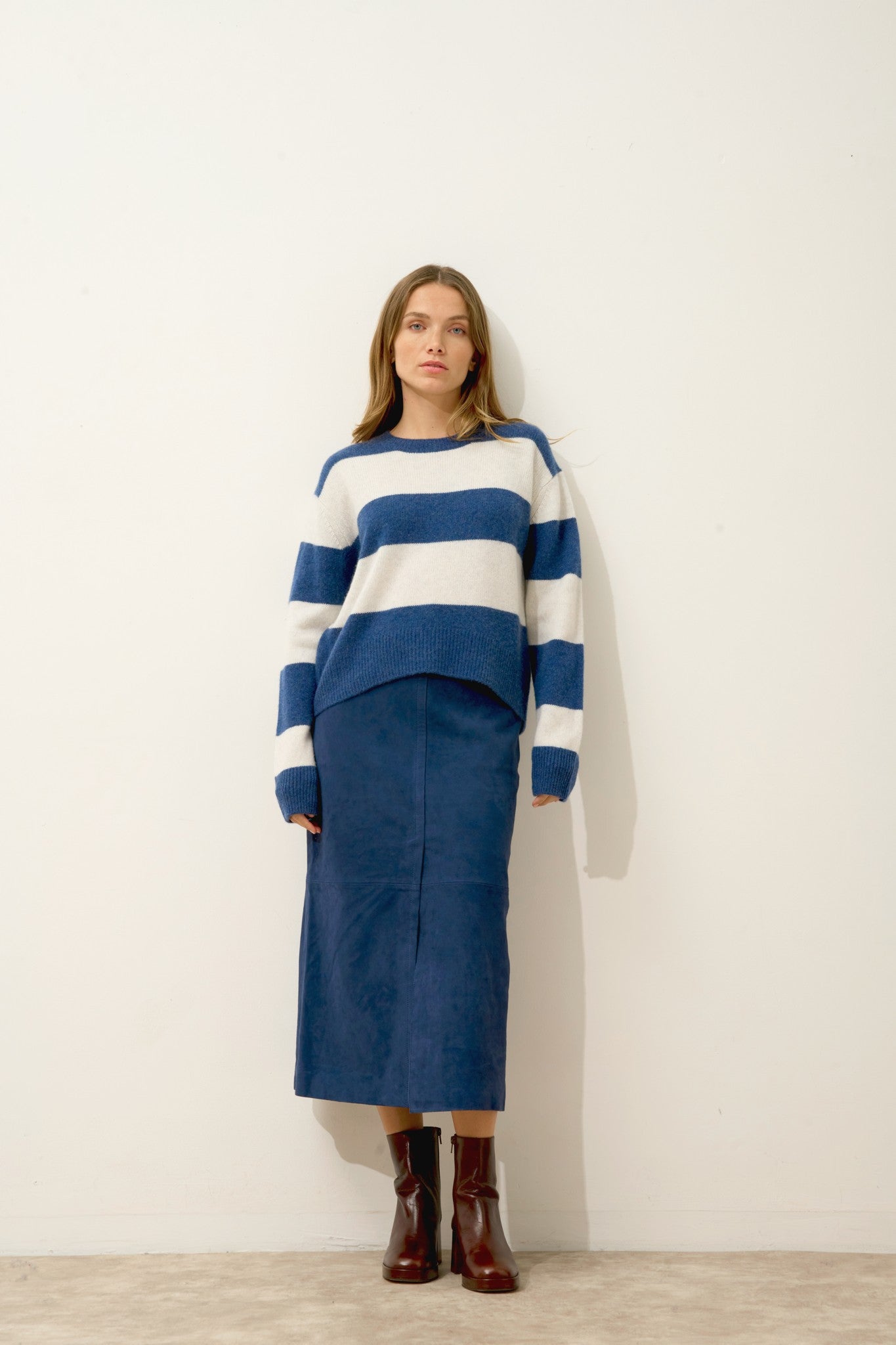 amarante pull col rond 6 fils bi-color blanc chiné/ocean chiné 100% cachemire