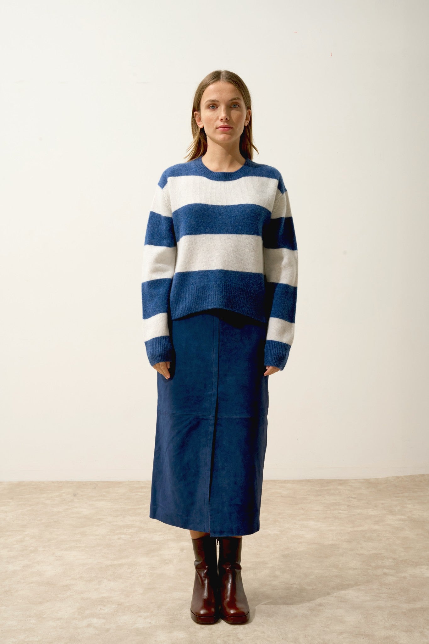 amarante pull col rond 6 fils bi-color blanc chiné/ocean chiné 100% cachemire