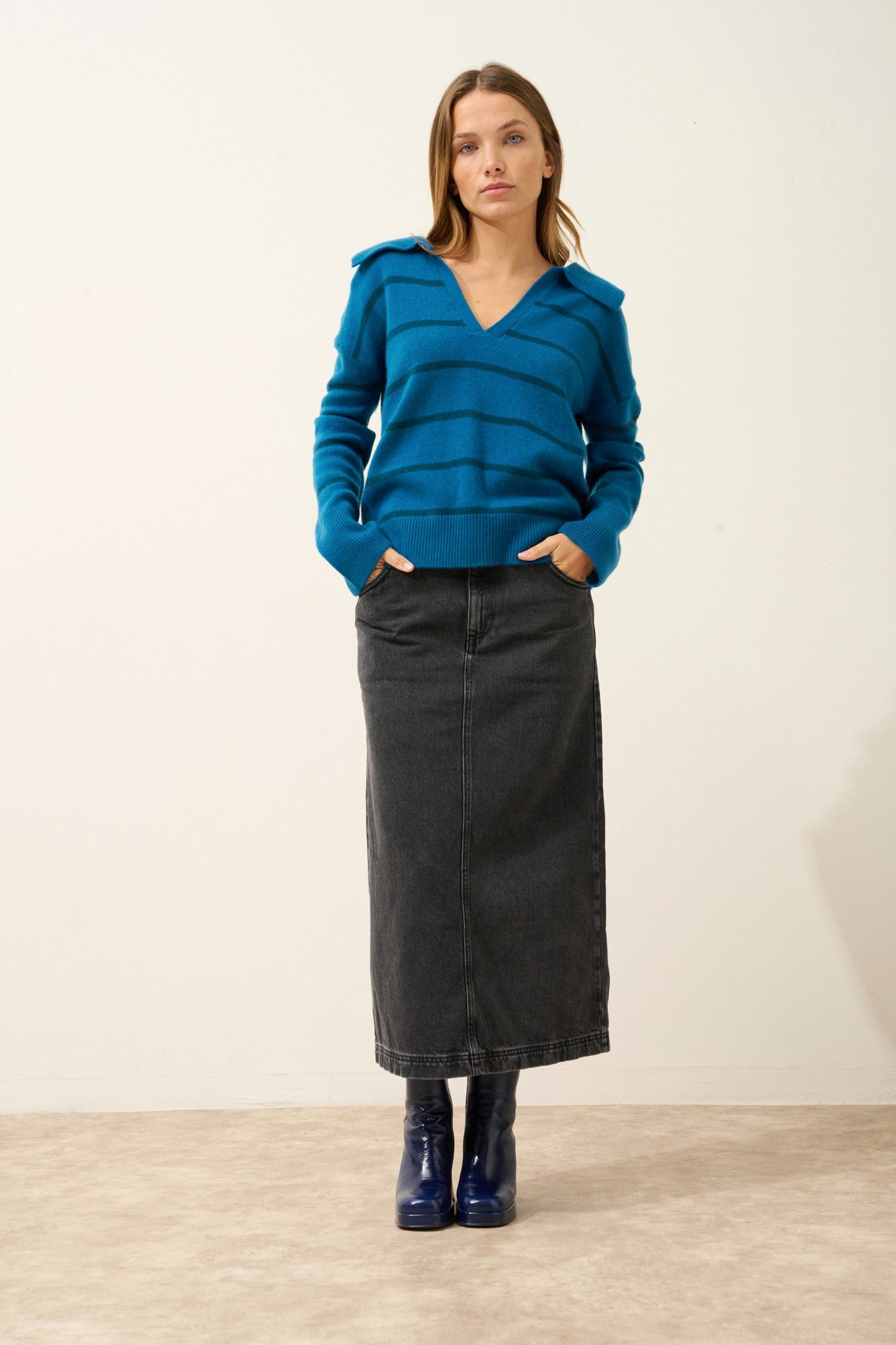 amarisse polo col v croisé 4 fils bi-color paon/vert canard 100% cachemire