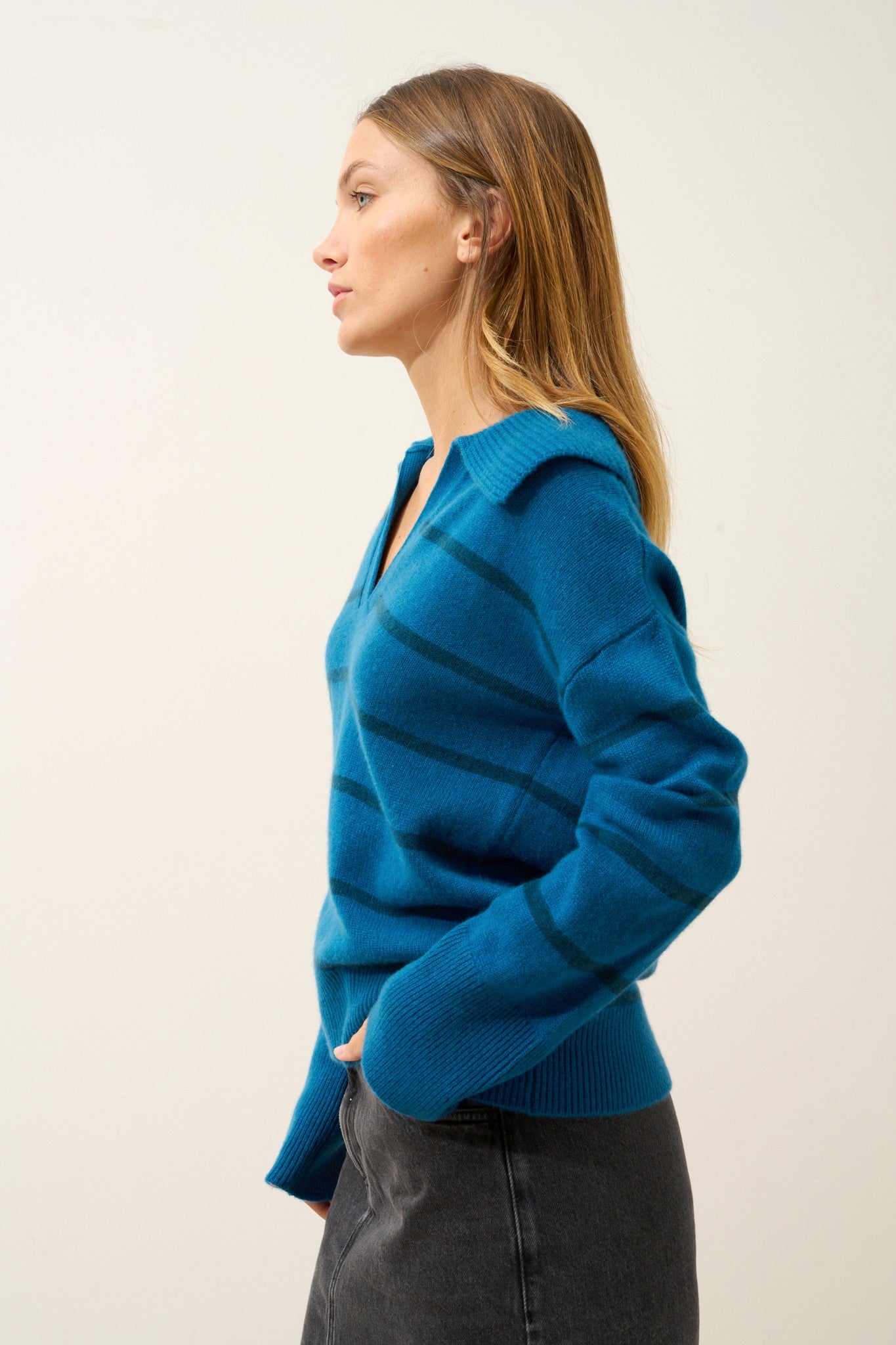 amarisse polo col v croisé 4 fils bi-color paon/vert canard 100% cachemire