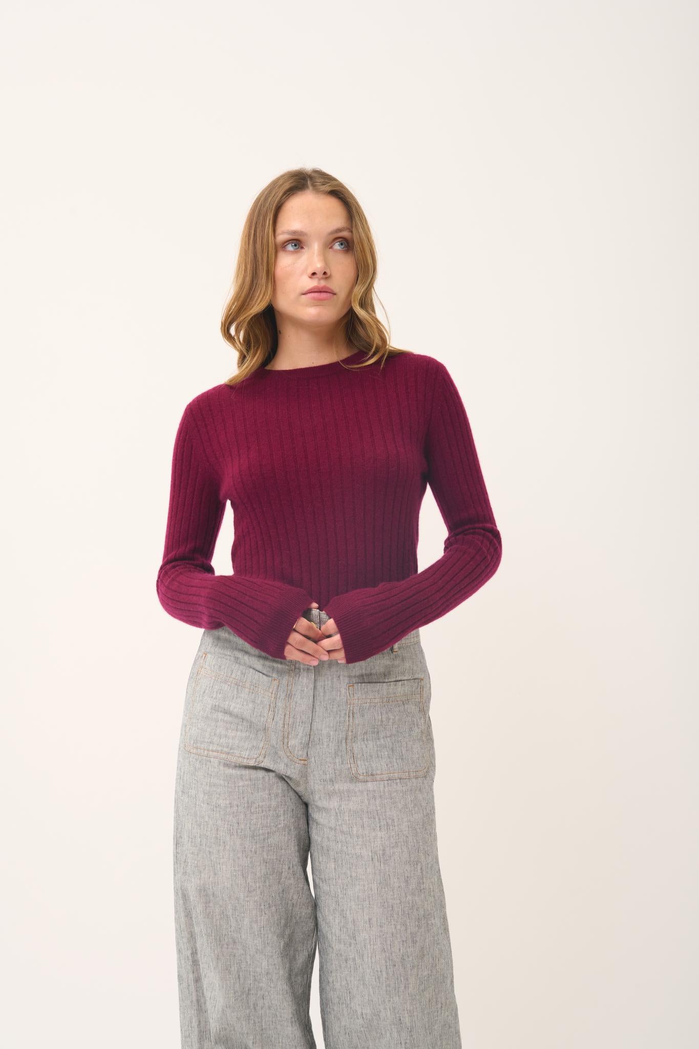 AVANA pull col rond bordeaux
