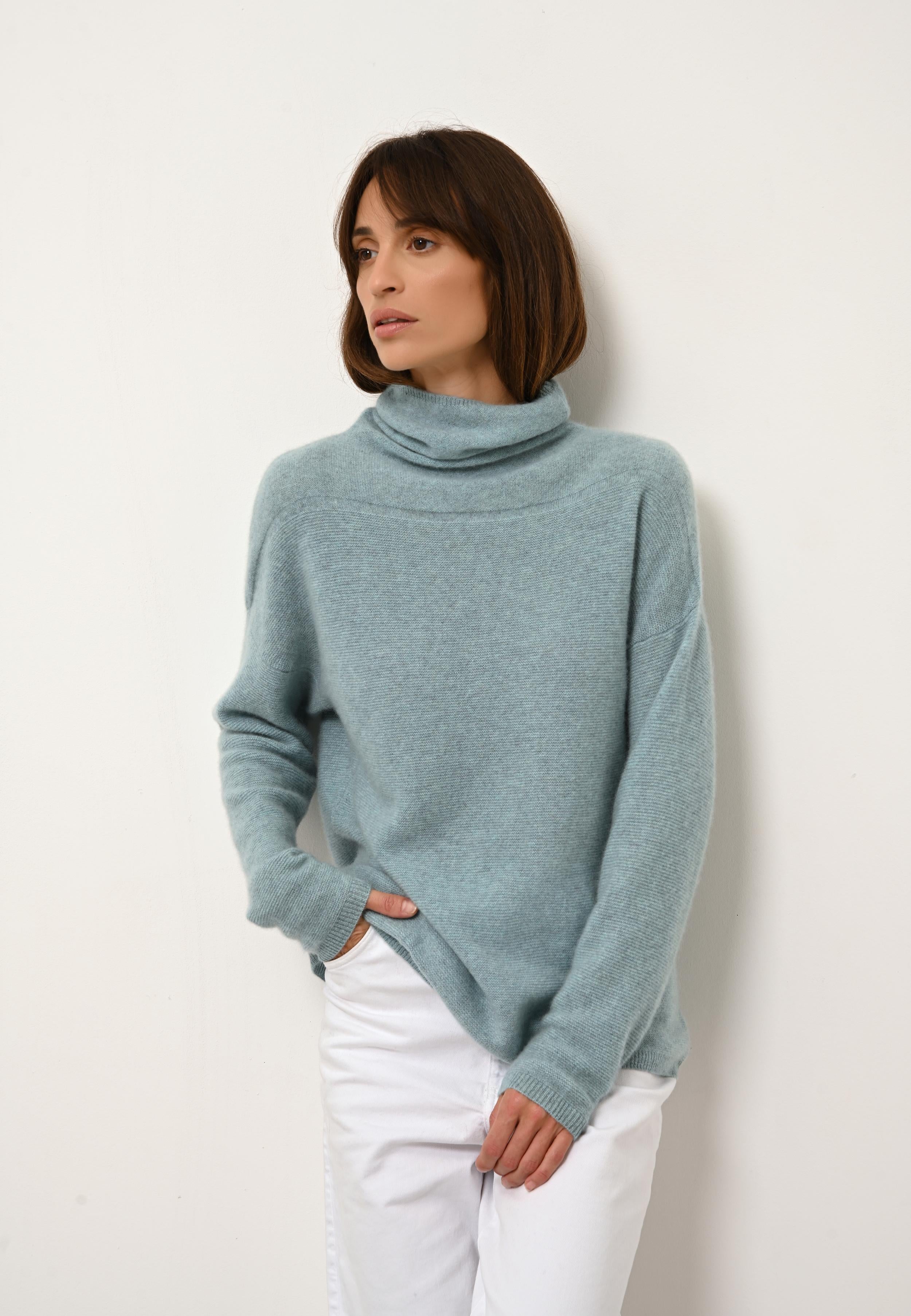 BLANTYRE pull col roulé aqua chiné