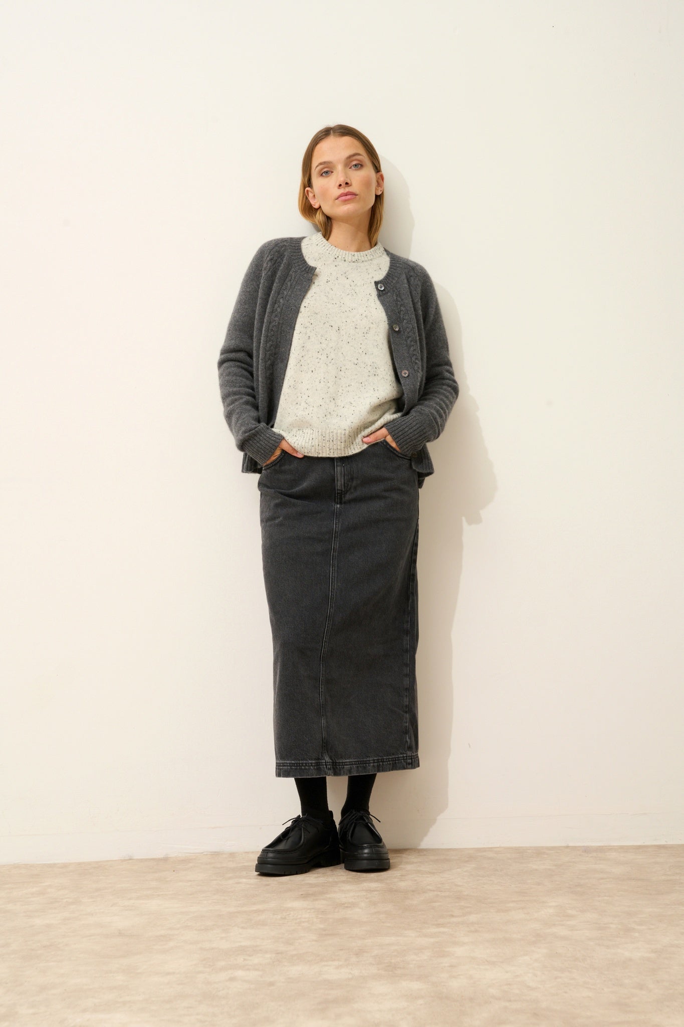 CALISTA cardigan col rond 4 fils anthracite chiné