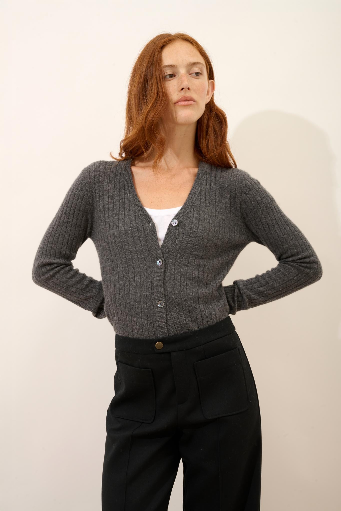 CAMILLE cardigan col v anthracite chiné