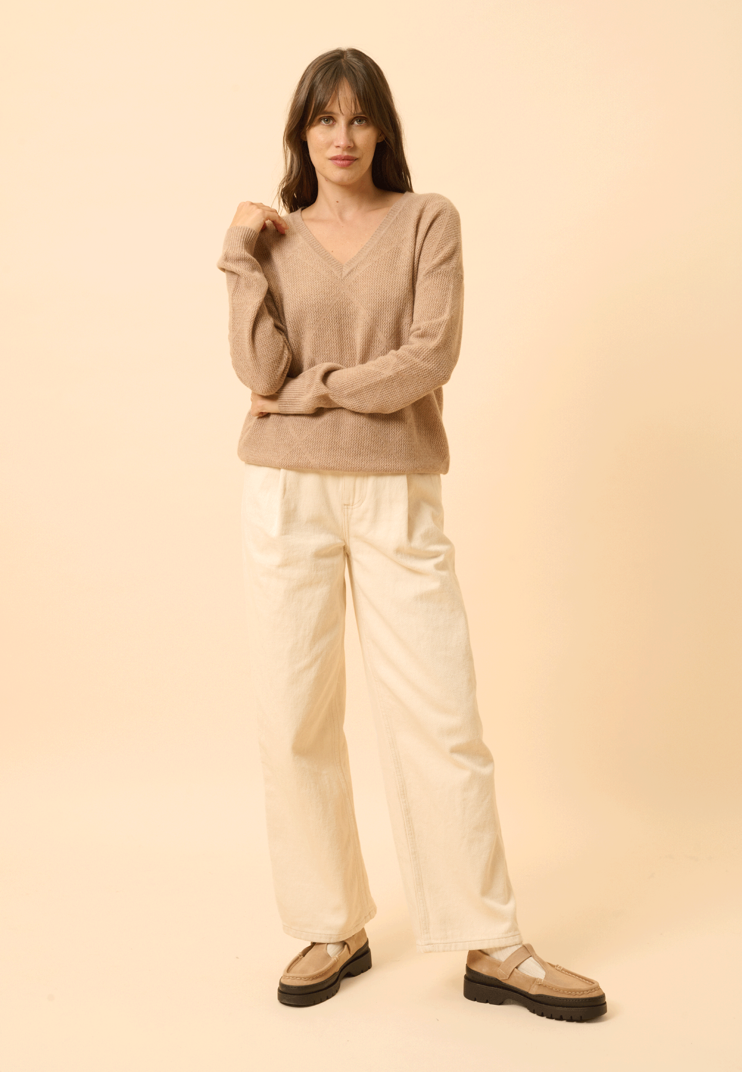 CAPUCINE pull col v camel chiné