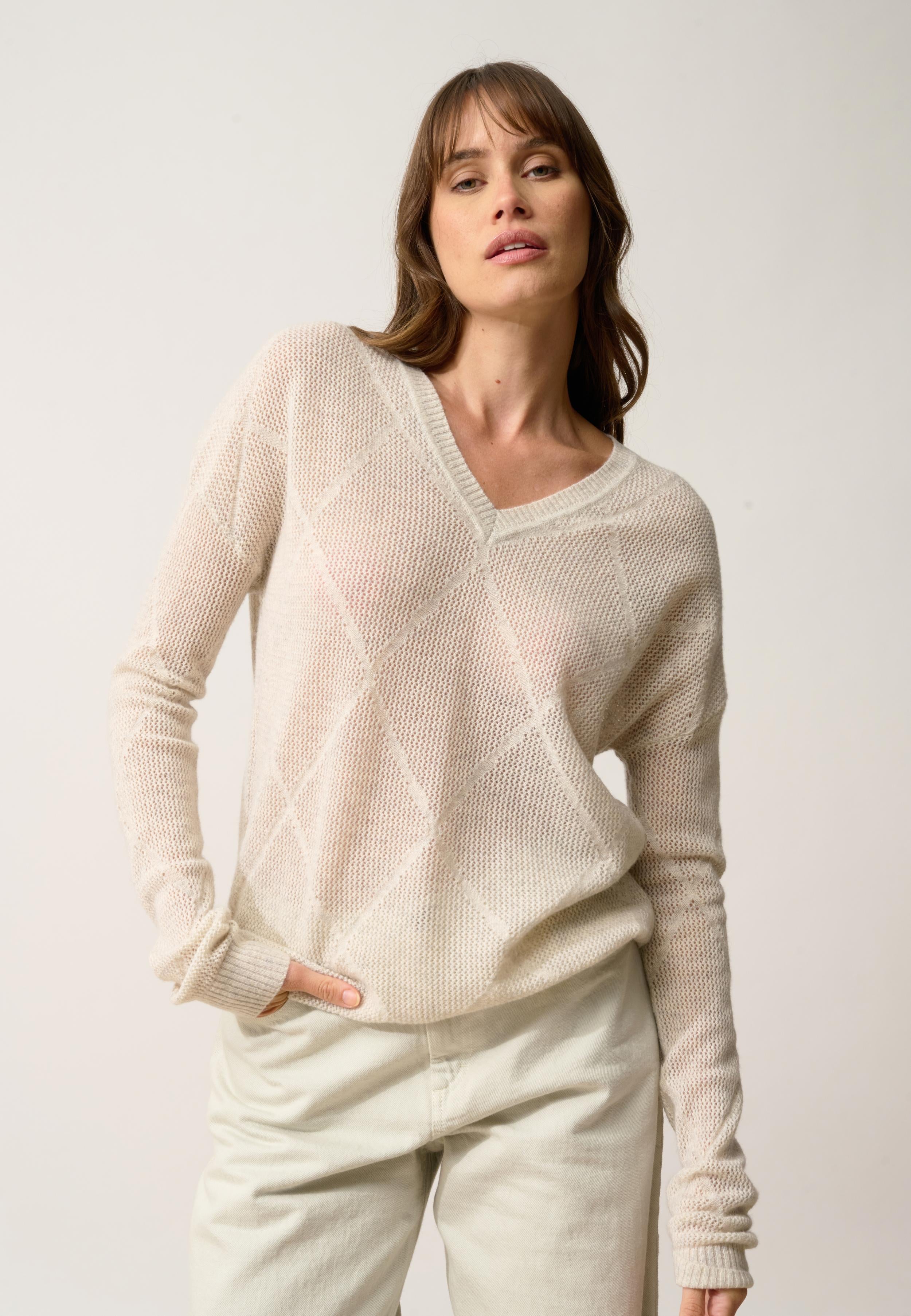 CAPUCINE pull col v gris perle chiné