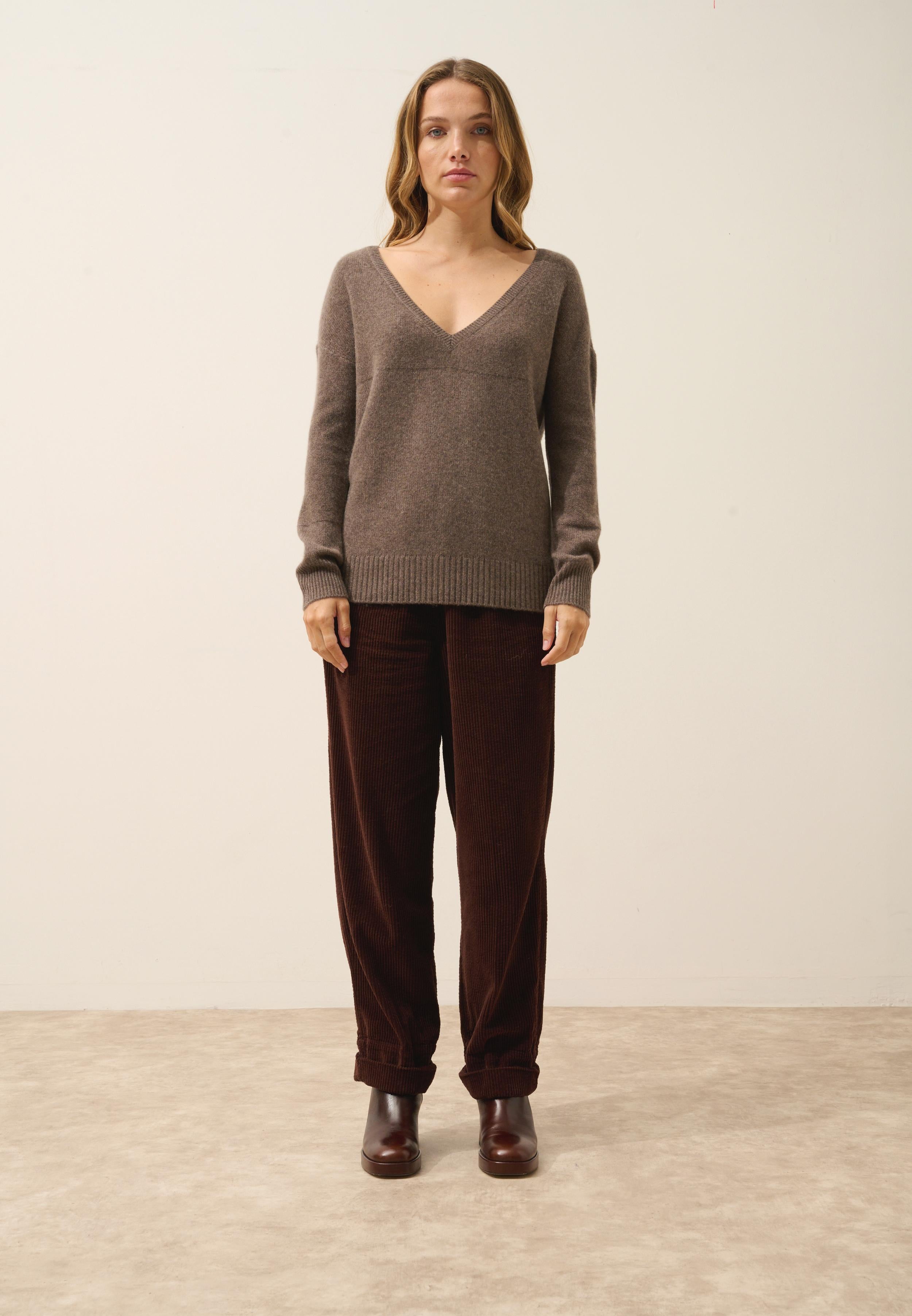 CASSIE pull col v taupe chiné