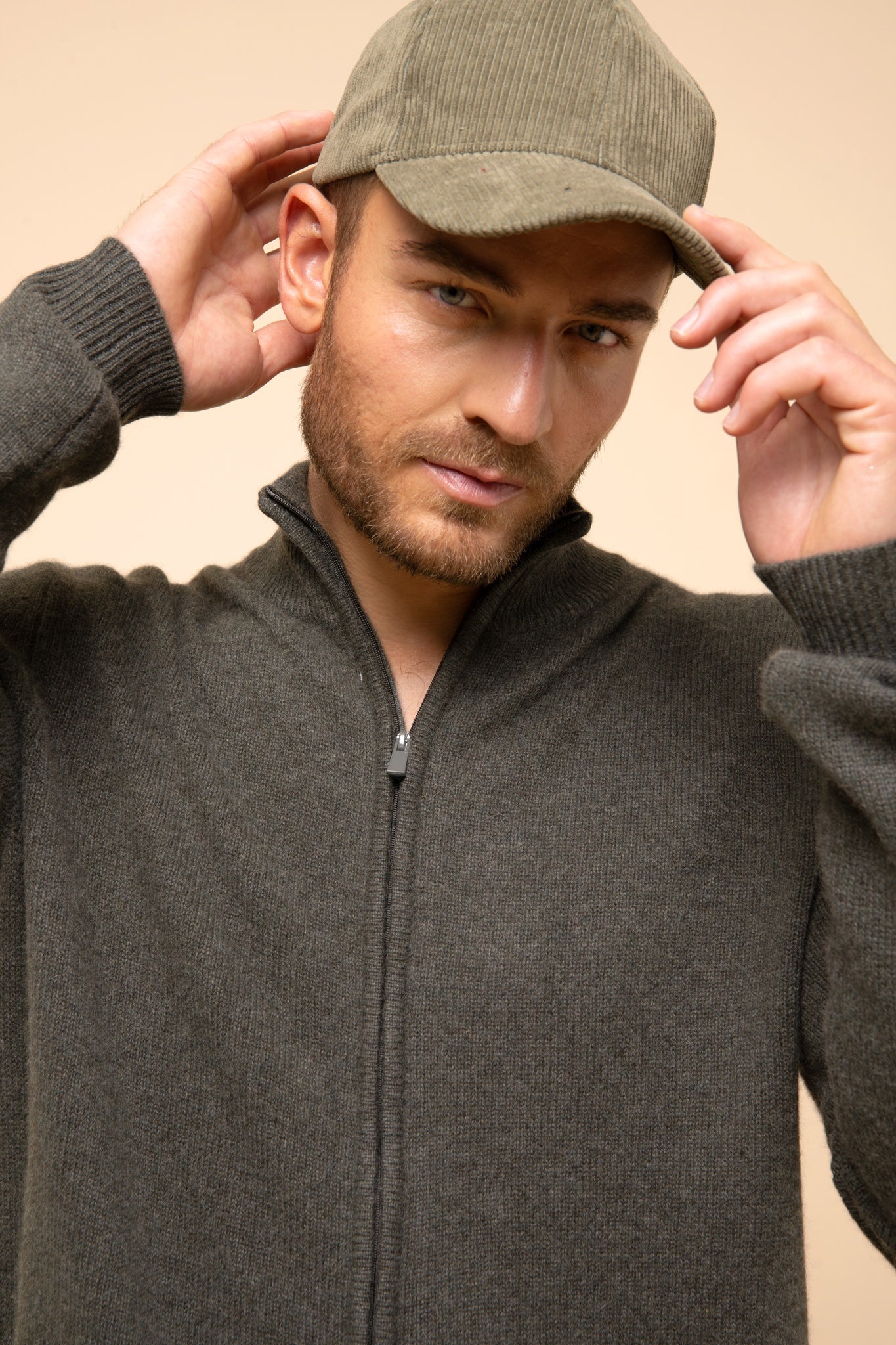 CHARLOTTE khaki heathered trucker collar cardigan