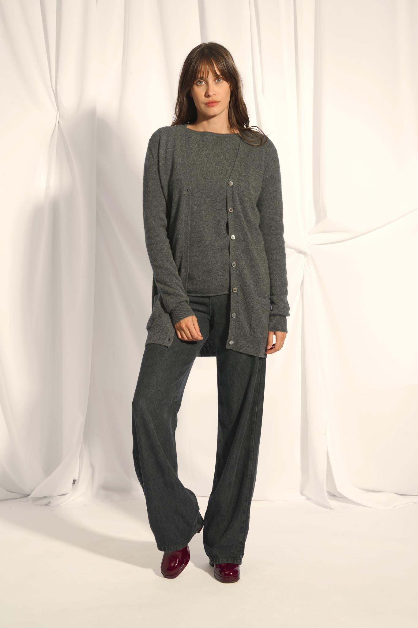 CHELSEA cardigan col v anthracite chiné