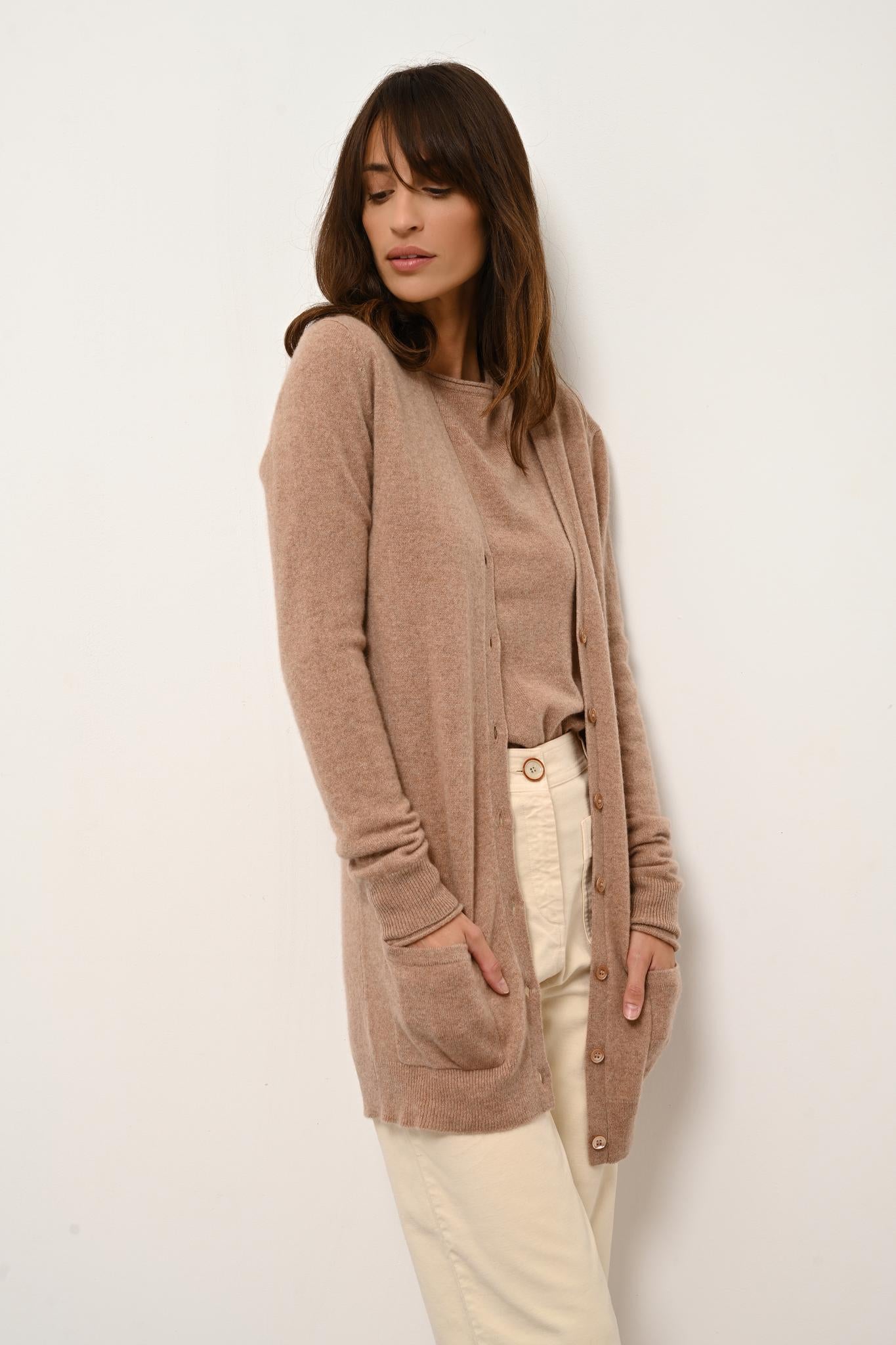 CHELSEA cardigan col v camel chiné