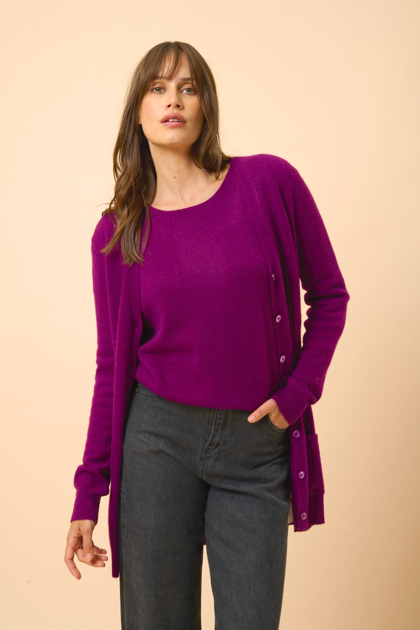 CHELSEA cardigan col v prune