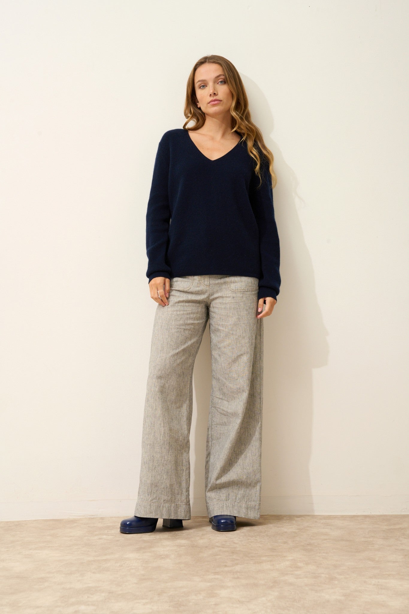 cielora pull col v navy 100% cachemire