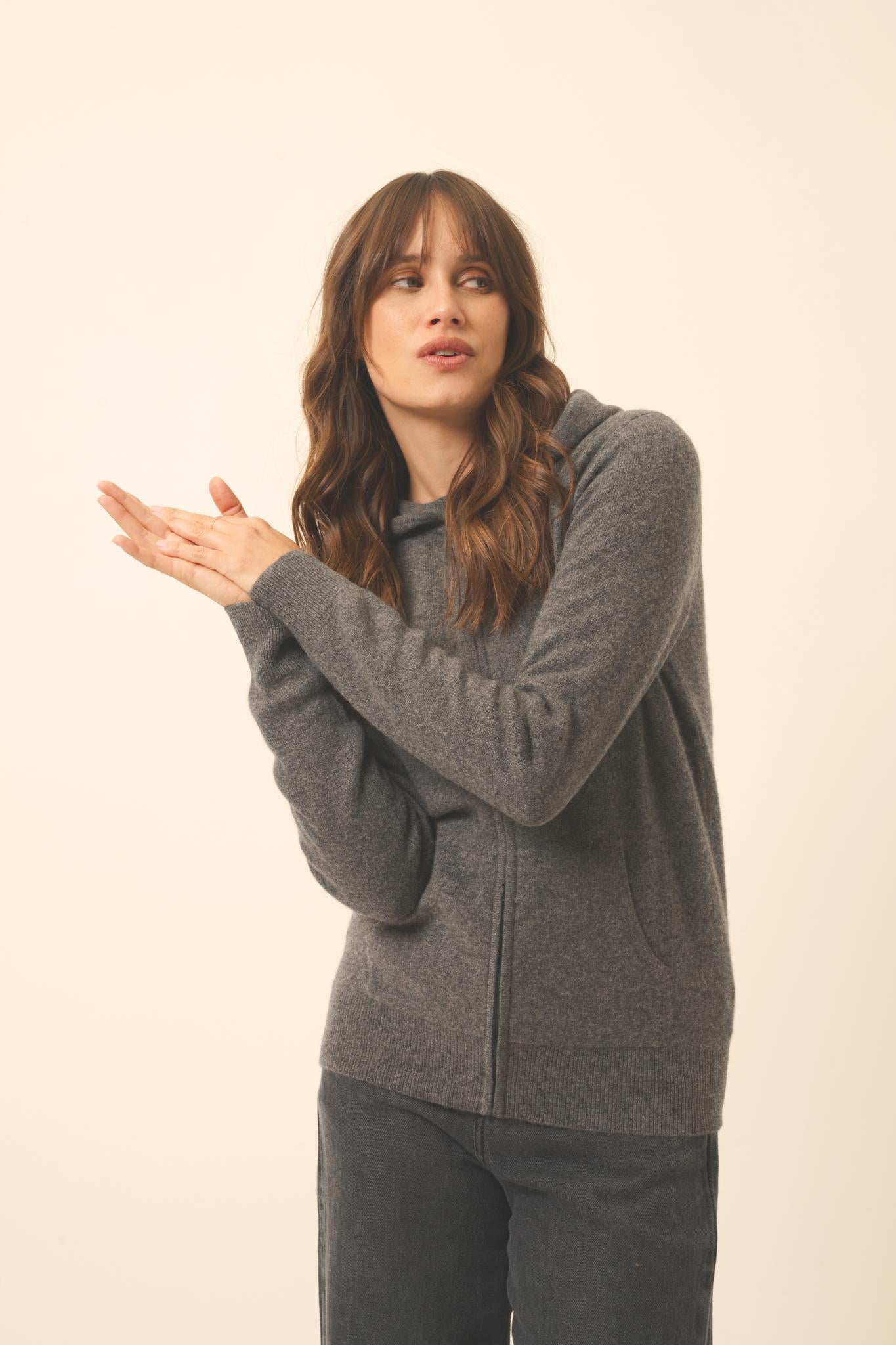 DEBBIE gilet col zippé capuche anthracite chiné