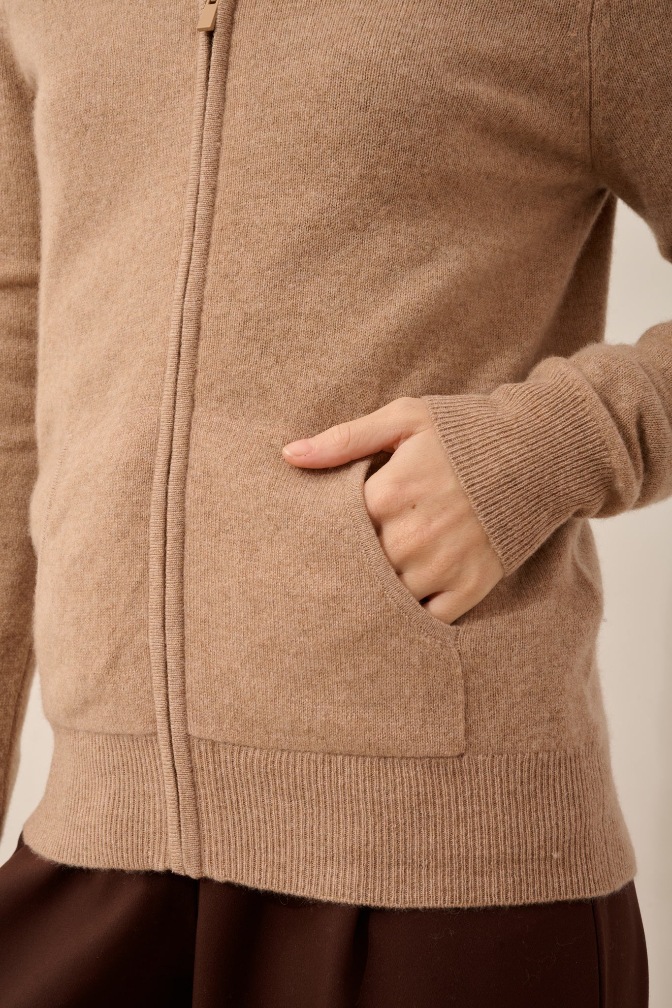 DEBBIE camel heathered zip-up hooded cardigan