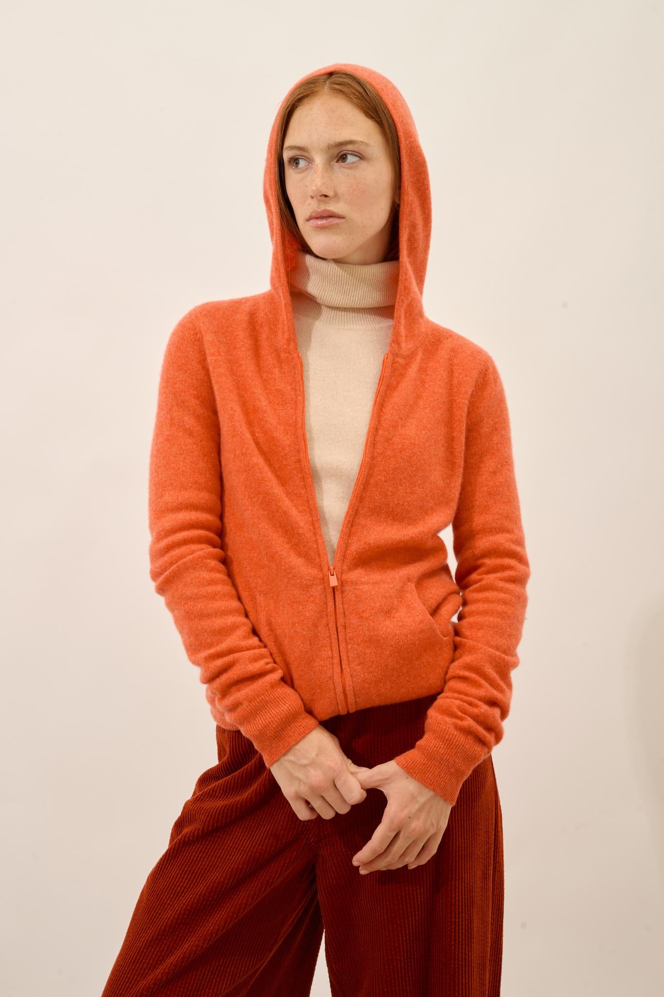 DEBBIE gilet col zippé capuche orange chiné