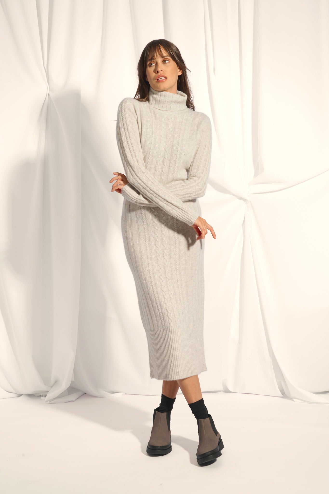 DOLKAR pearl grey turtleneck dress