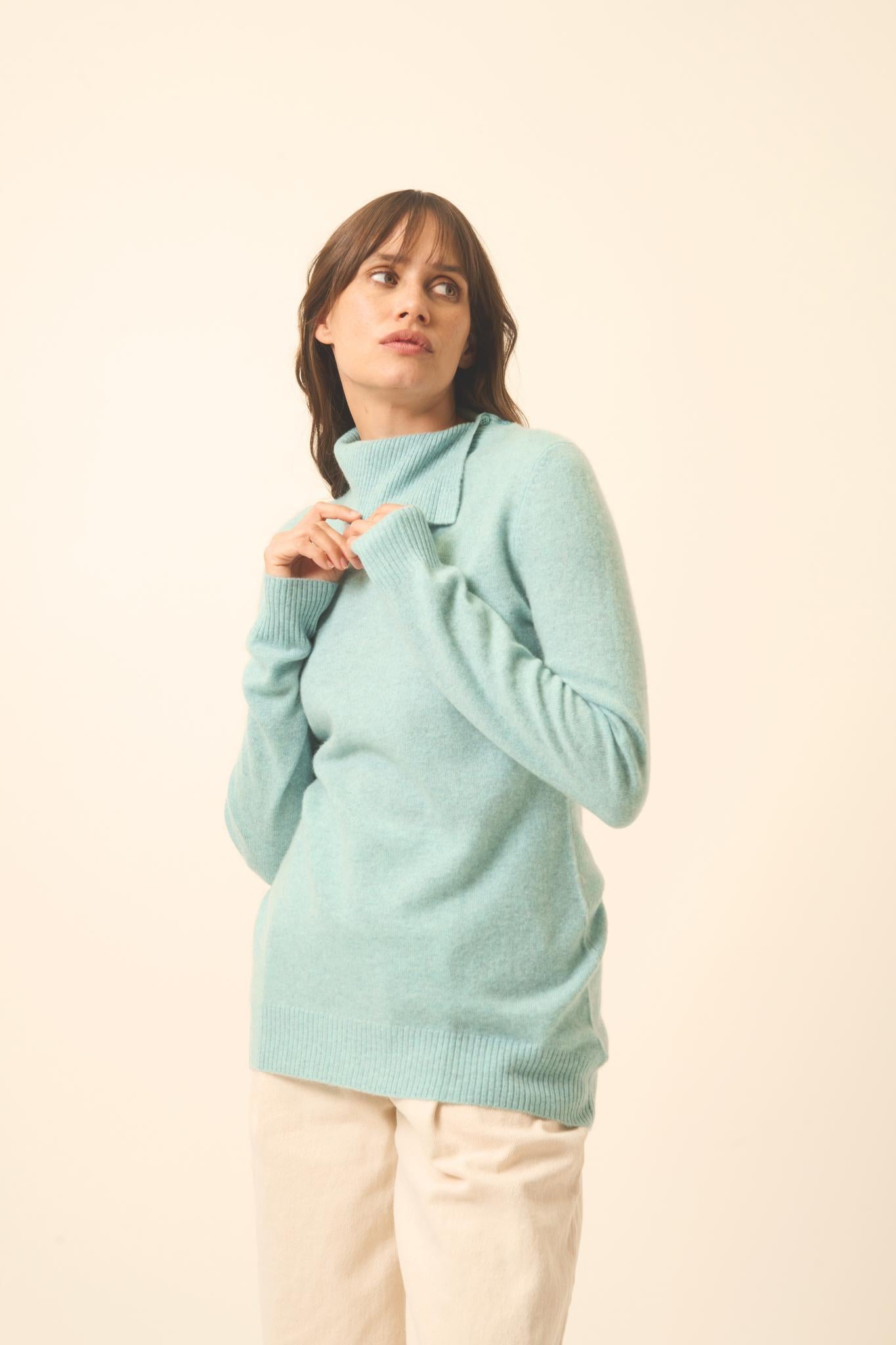 DUNDEE pull col roulé aqua chiné