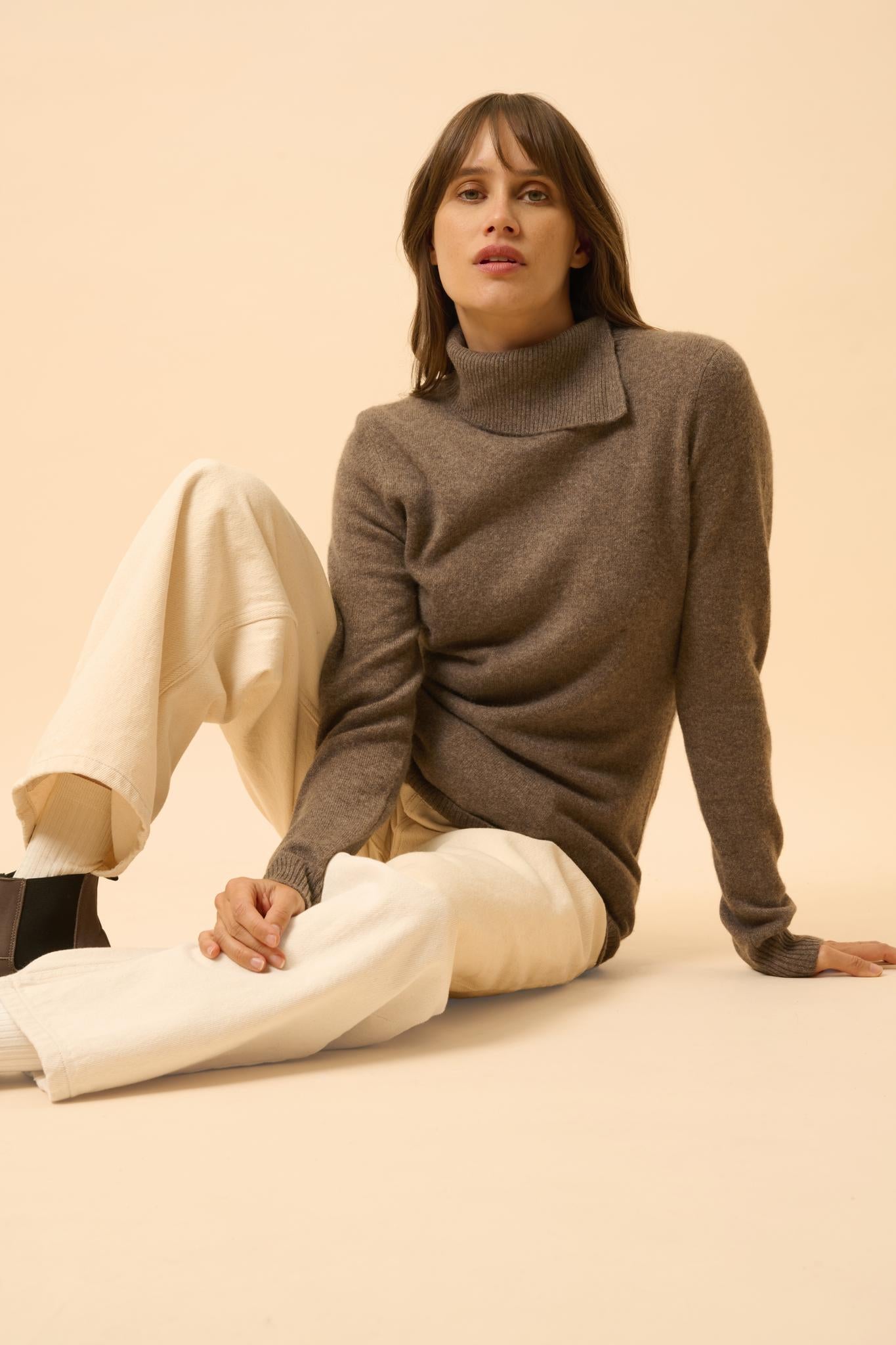 DUNDEE pull col roulé taupe chiné