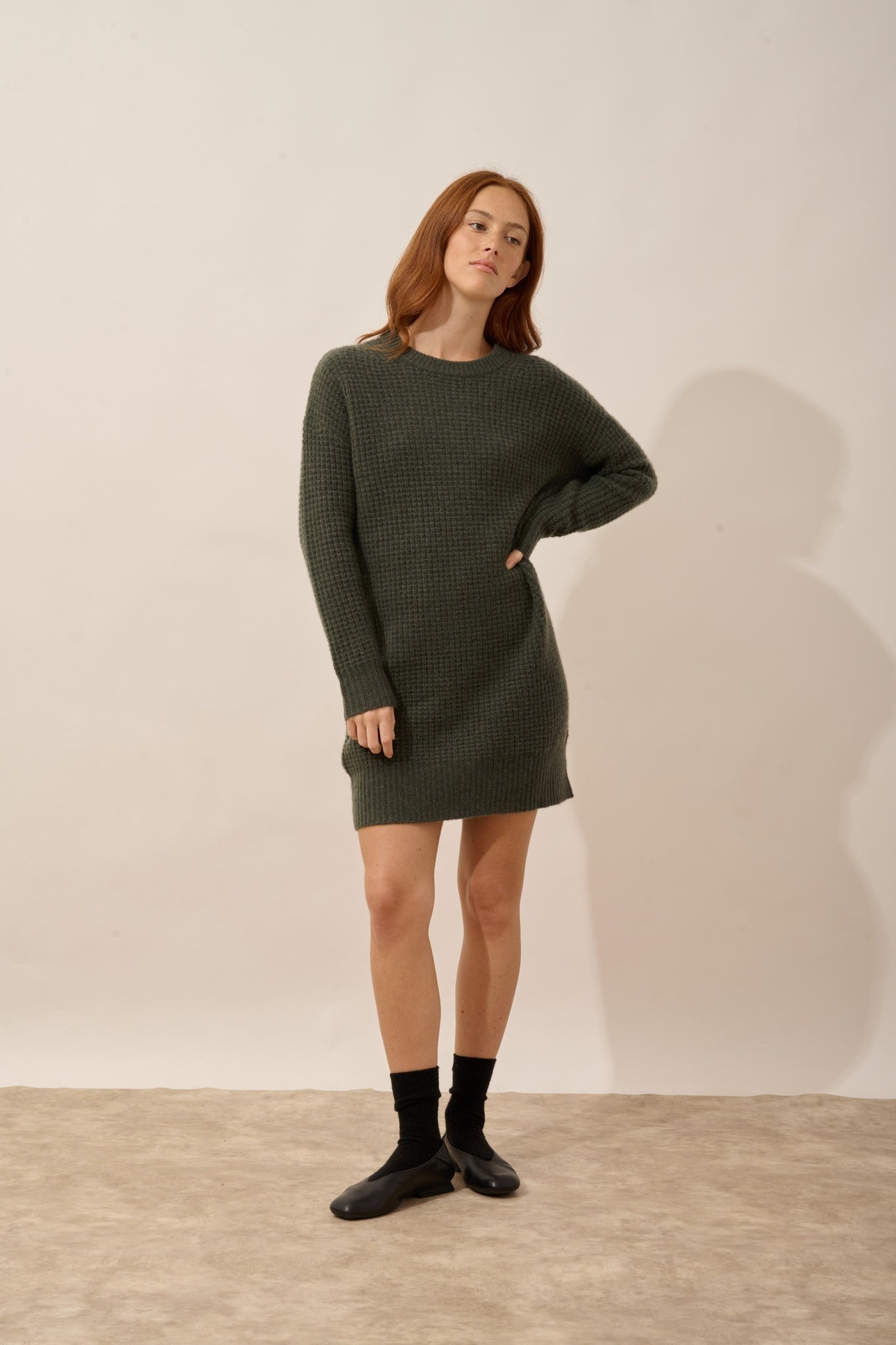 ELENA robe col rond 6 fils kaki chiné