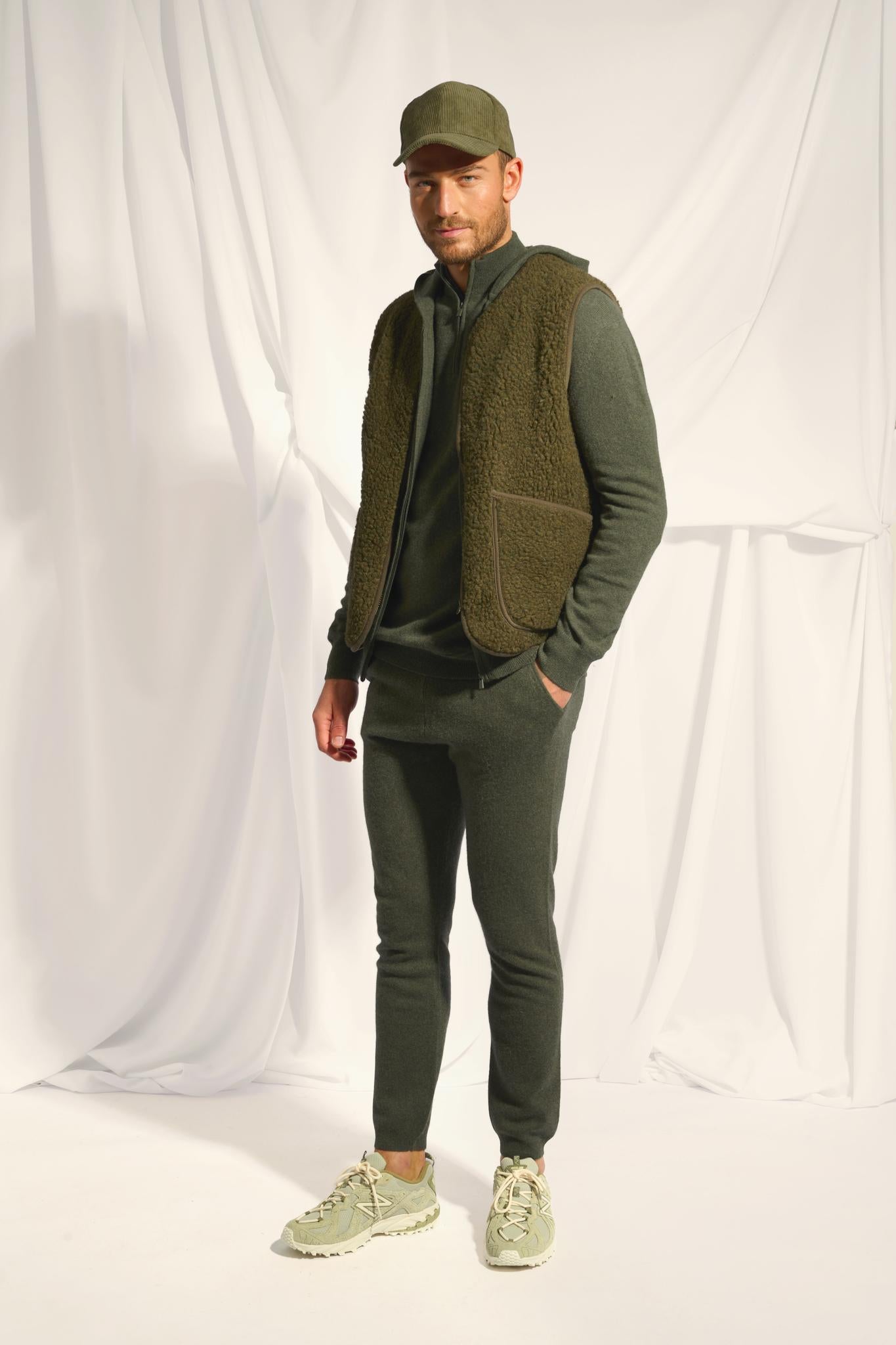 ELLIOT gilet col zippé capuche kaki chiné