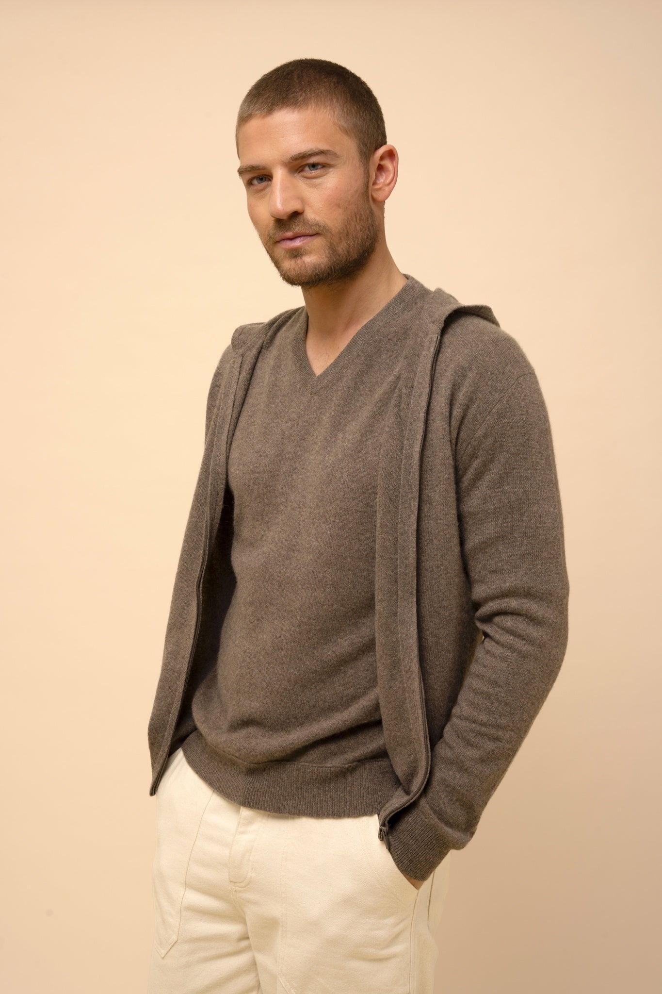 ELLIOT gilet col zippé capuche taupe chiné