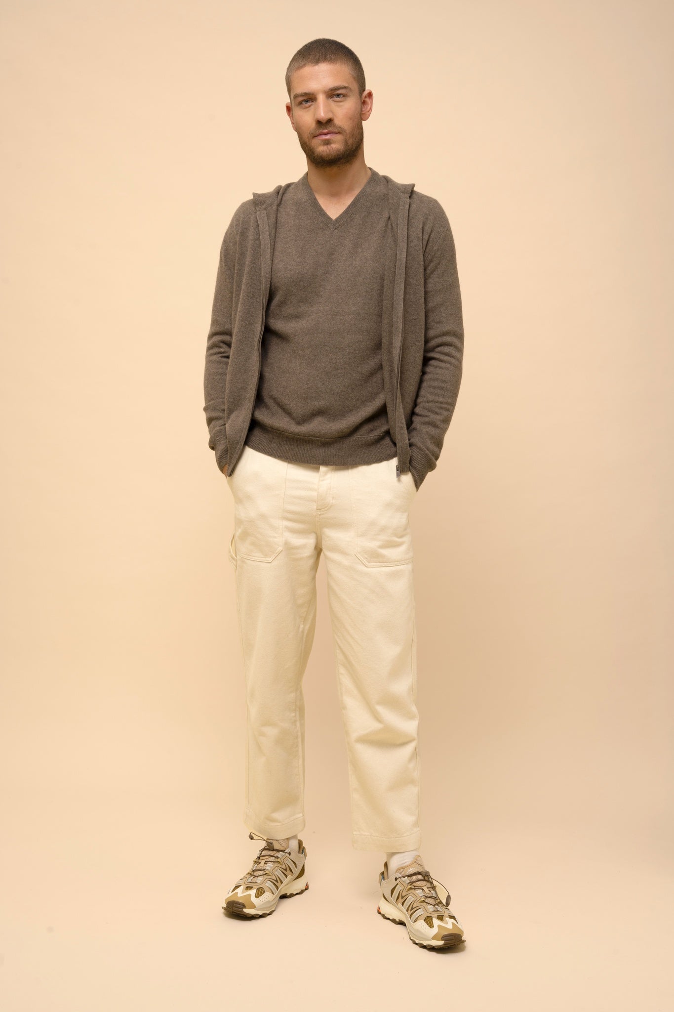 ELLIOT gilet col zippé capuche taupe chiné