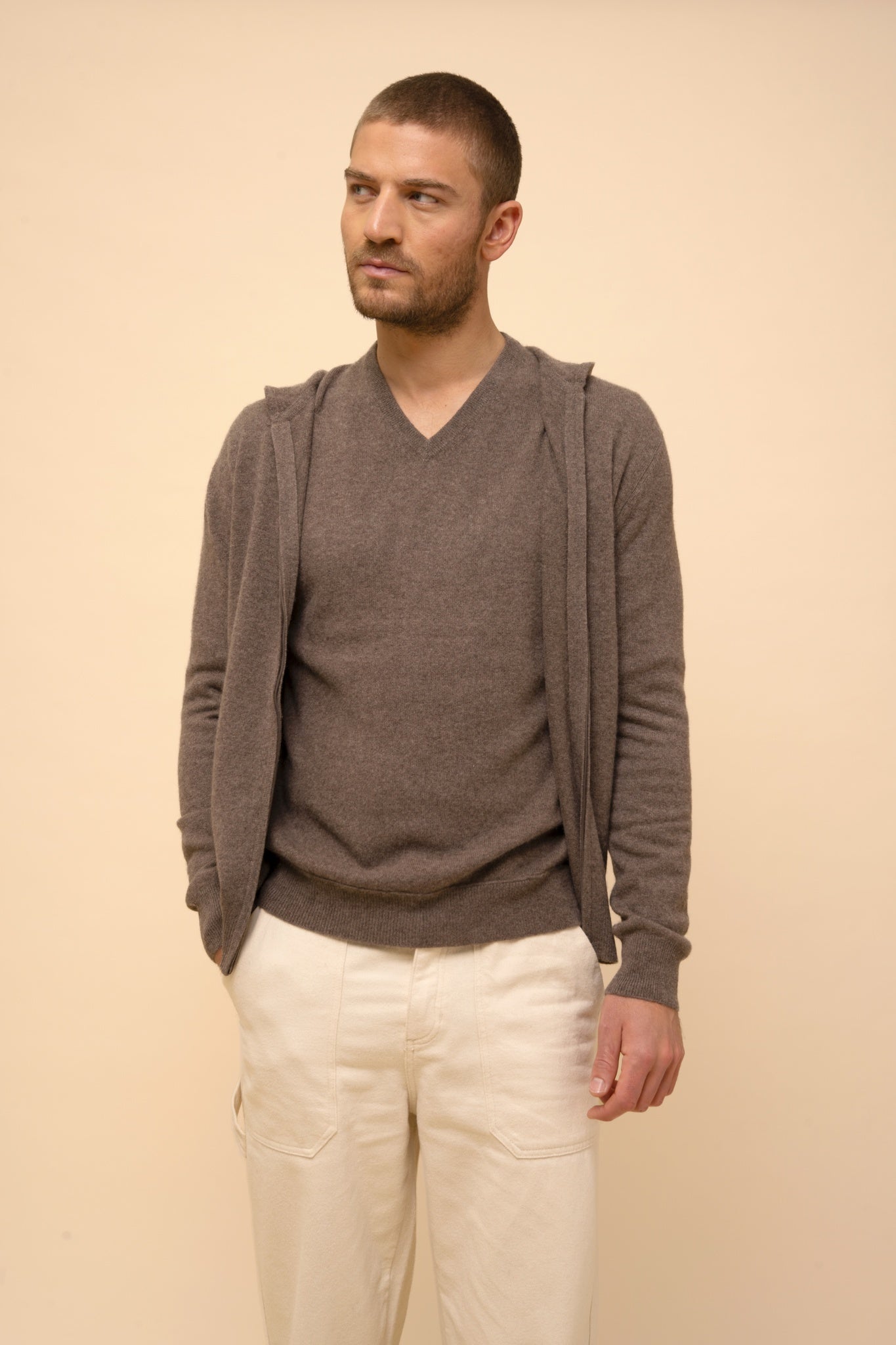 ELLIOT gilet col zippé capuche taupe chiné