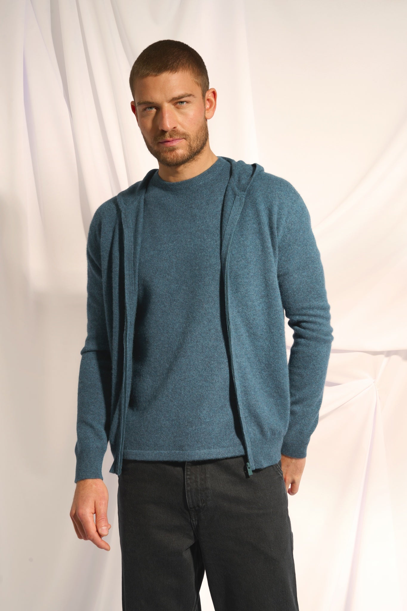 ELLIOT gilet col zippé capuche vert canard chiné