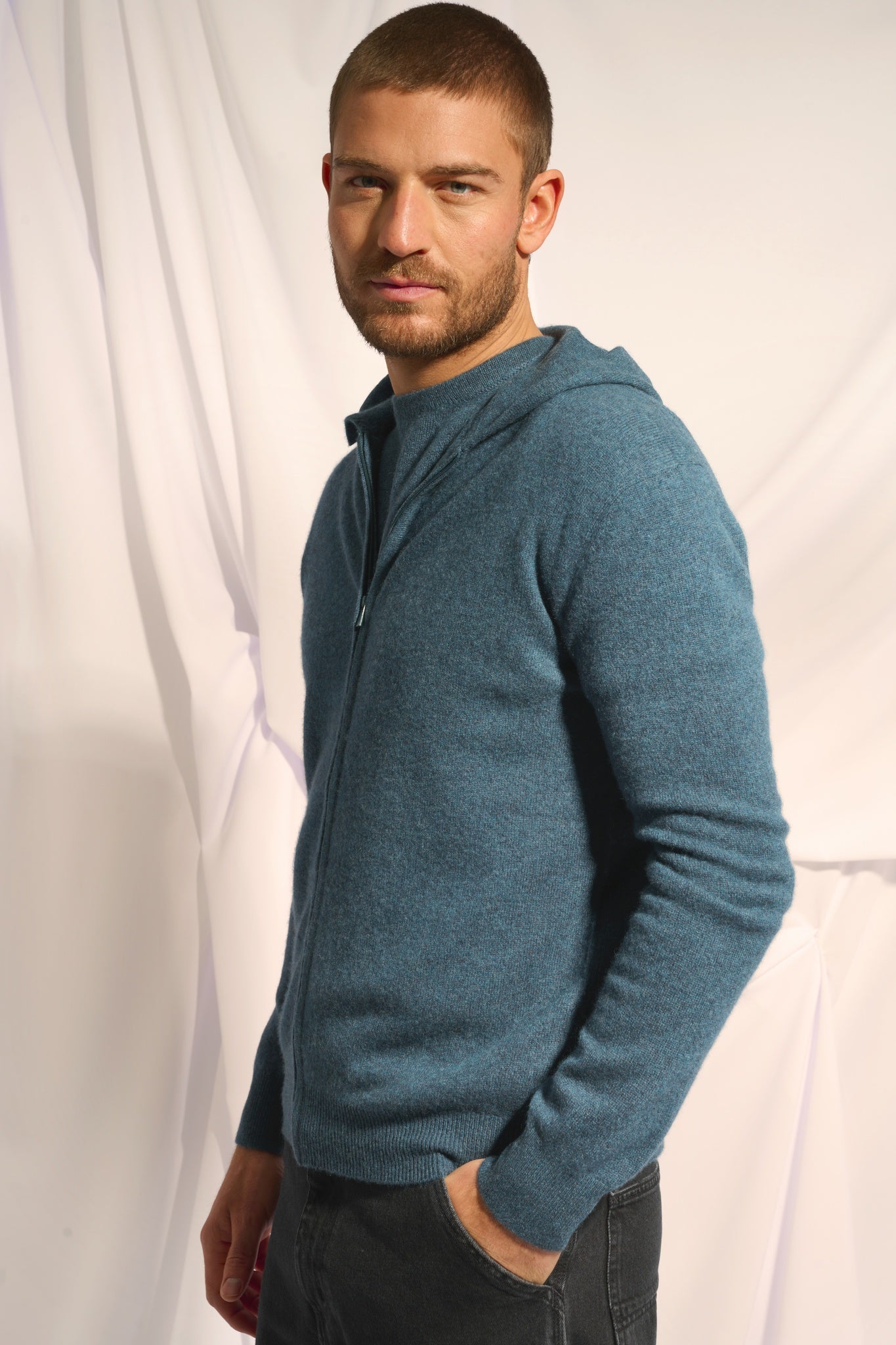 ELLIOT gilet col zippé capuche vert canard chiné