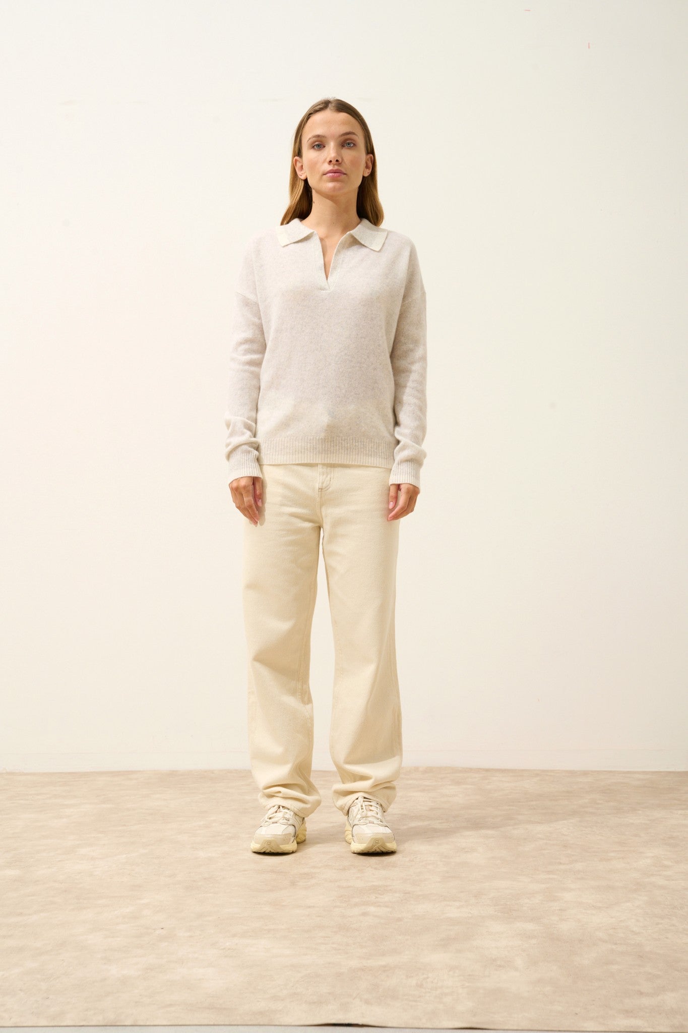 éoliane polo col v croisé bi-color gris perle chiné/ivoire 100% cachemire