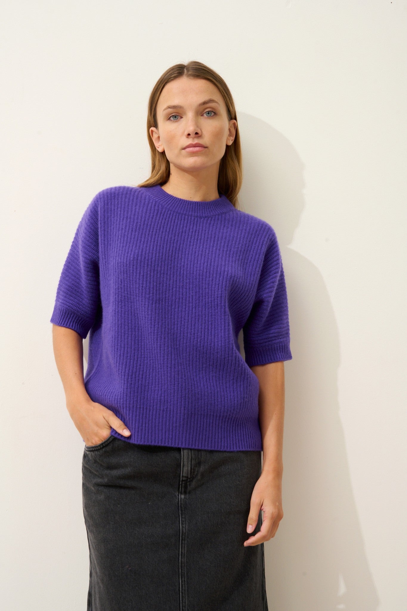 érina t-shirt col bateau chauve souris 4 fils améthyste 100% cachemire