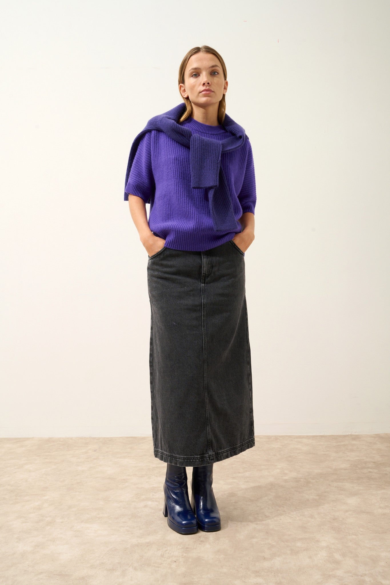 érina t-shirt col bateau chauve souris 4 fils améthyste 100% cachemire