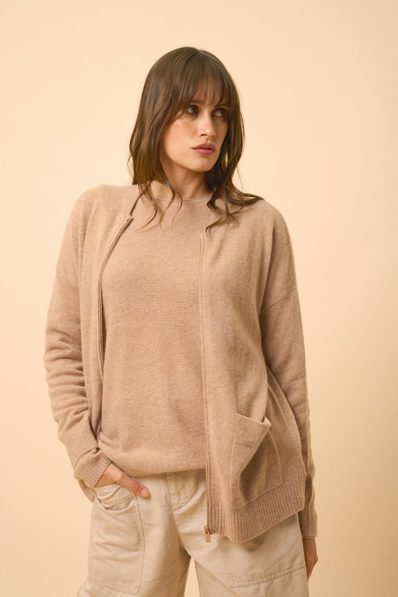 ERVIE gilet col mao camel chiné