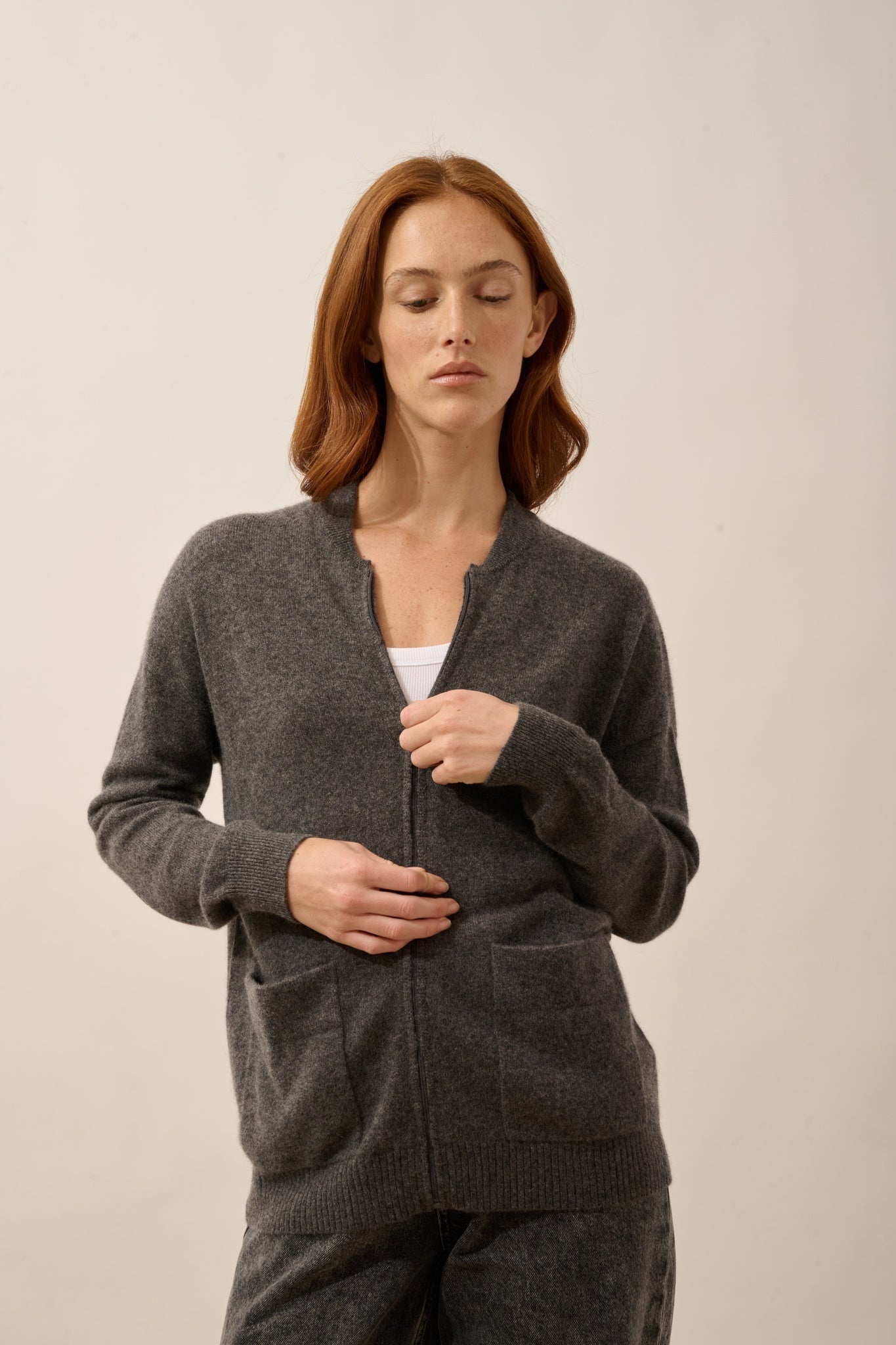 ERVIE gilet zippé col mao anthracite chiné