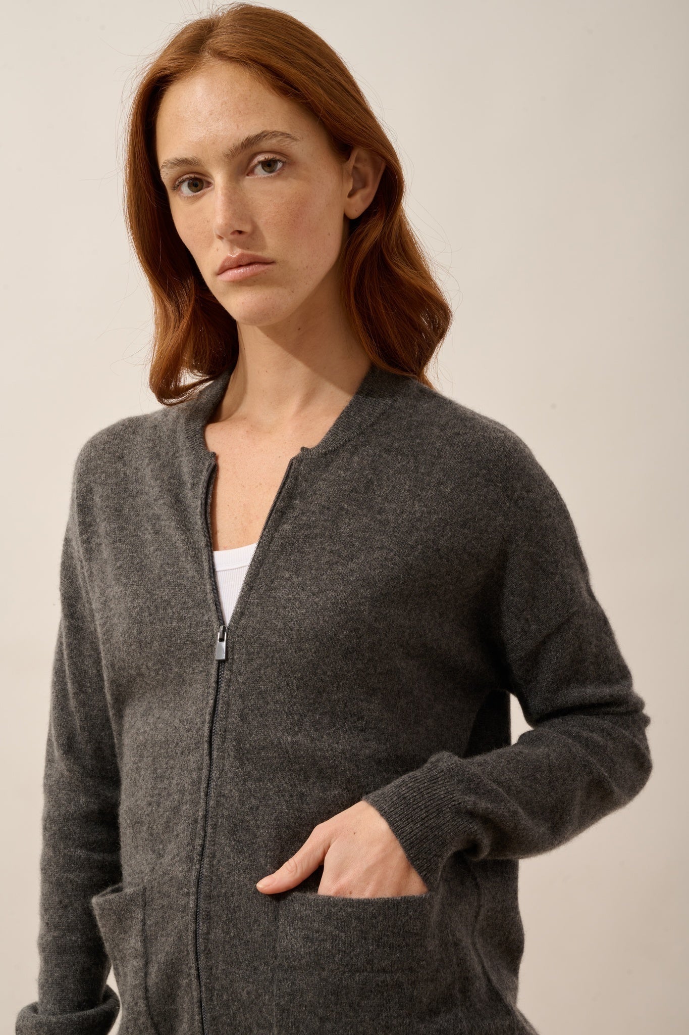 ERVIE anthracite heathered zip-up cardigan with mandarin collar