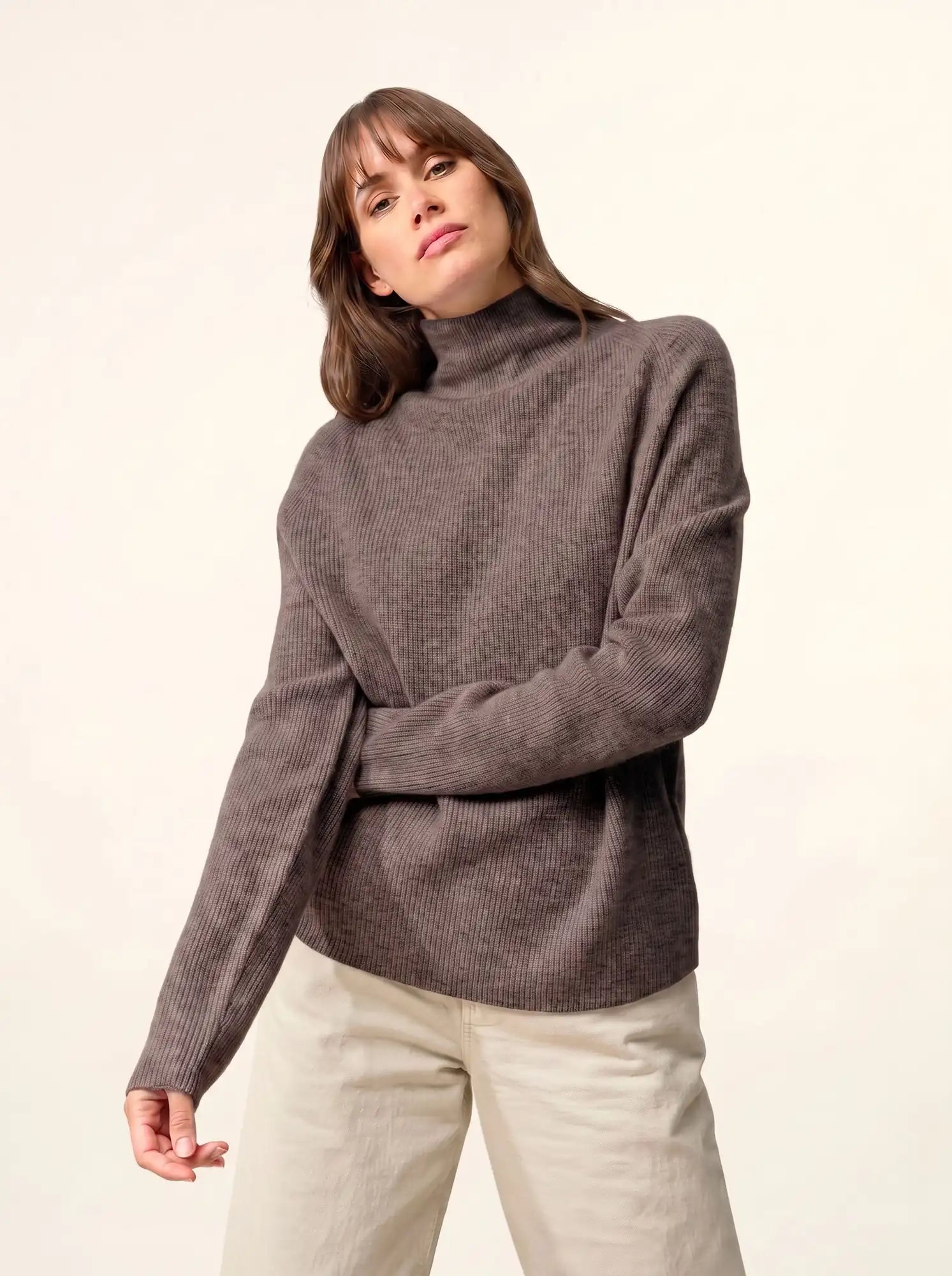 ALYSSA Pull Col Montant Taupe Chiné