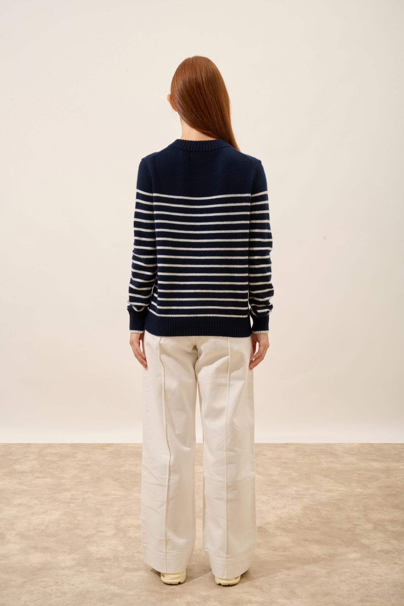 fiora pull col rond 4 fils bi-color navy/ivoire 100% cachemire