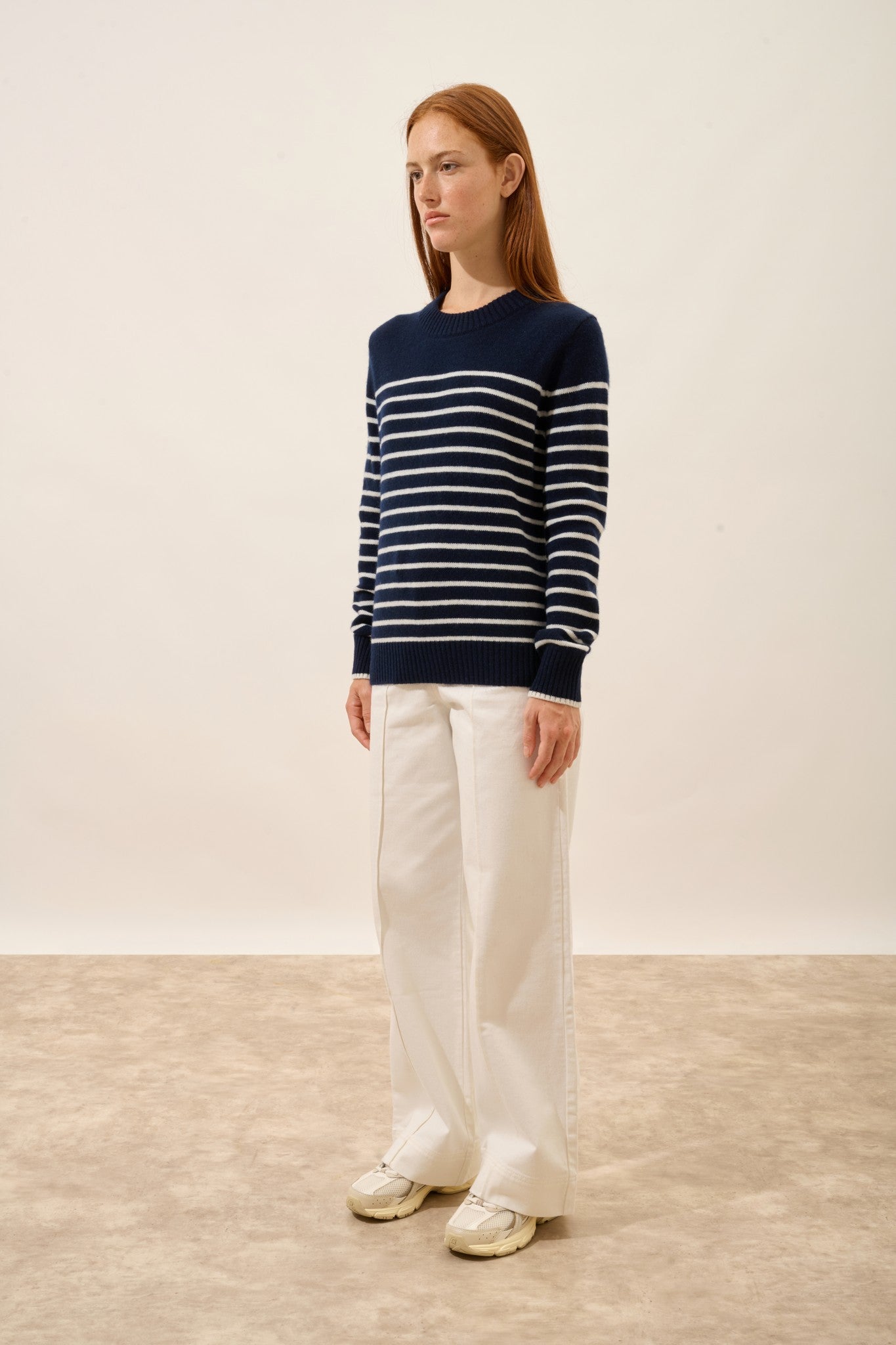 fiora pull col rond 4 fils bi-color navy/ivoire 100% cachemire