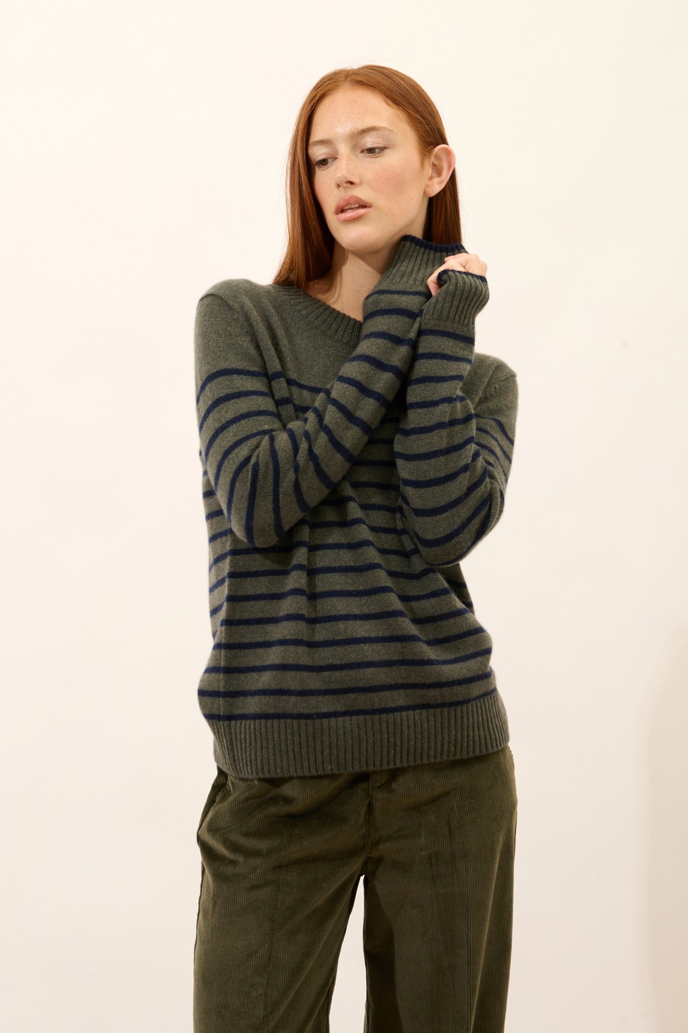 fiora pull col rond 4 fils bi-color navy/kaki chiné 100% cachemire