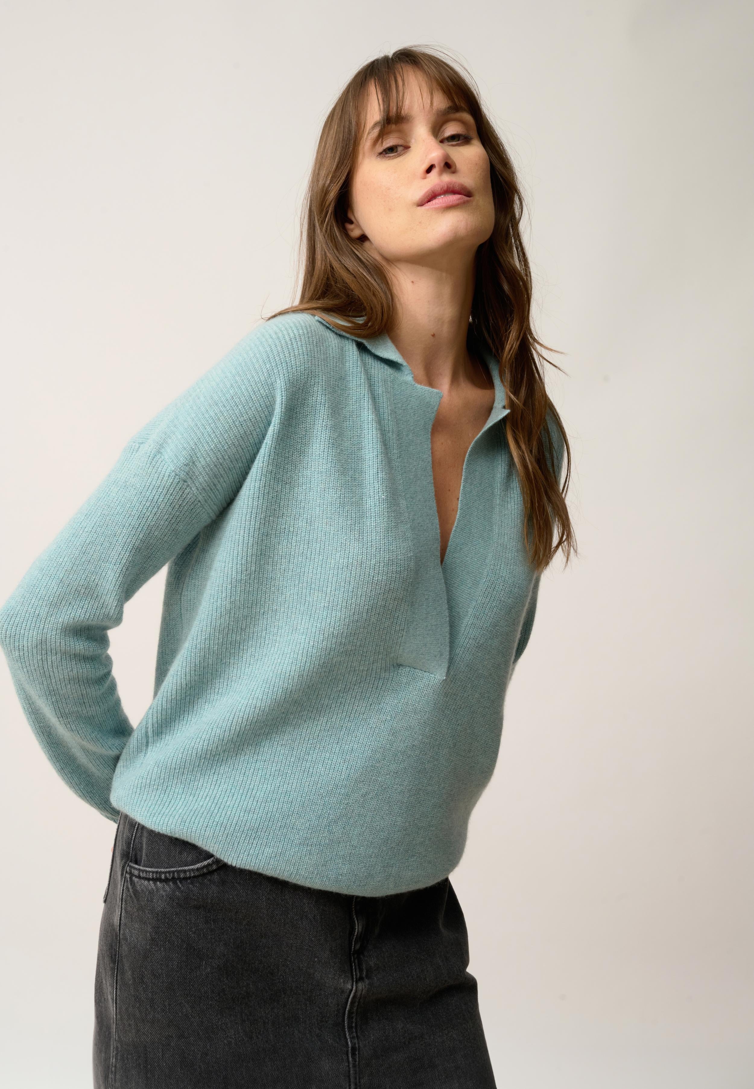 GARCIA polo col v aqua chiné