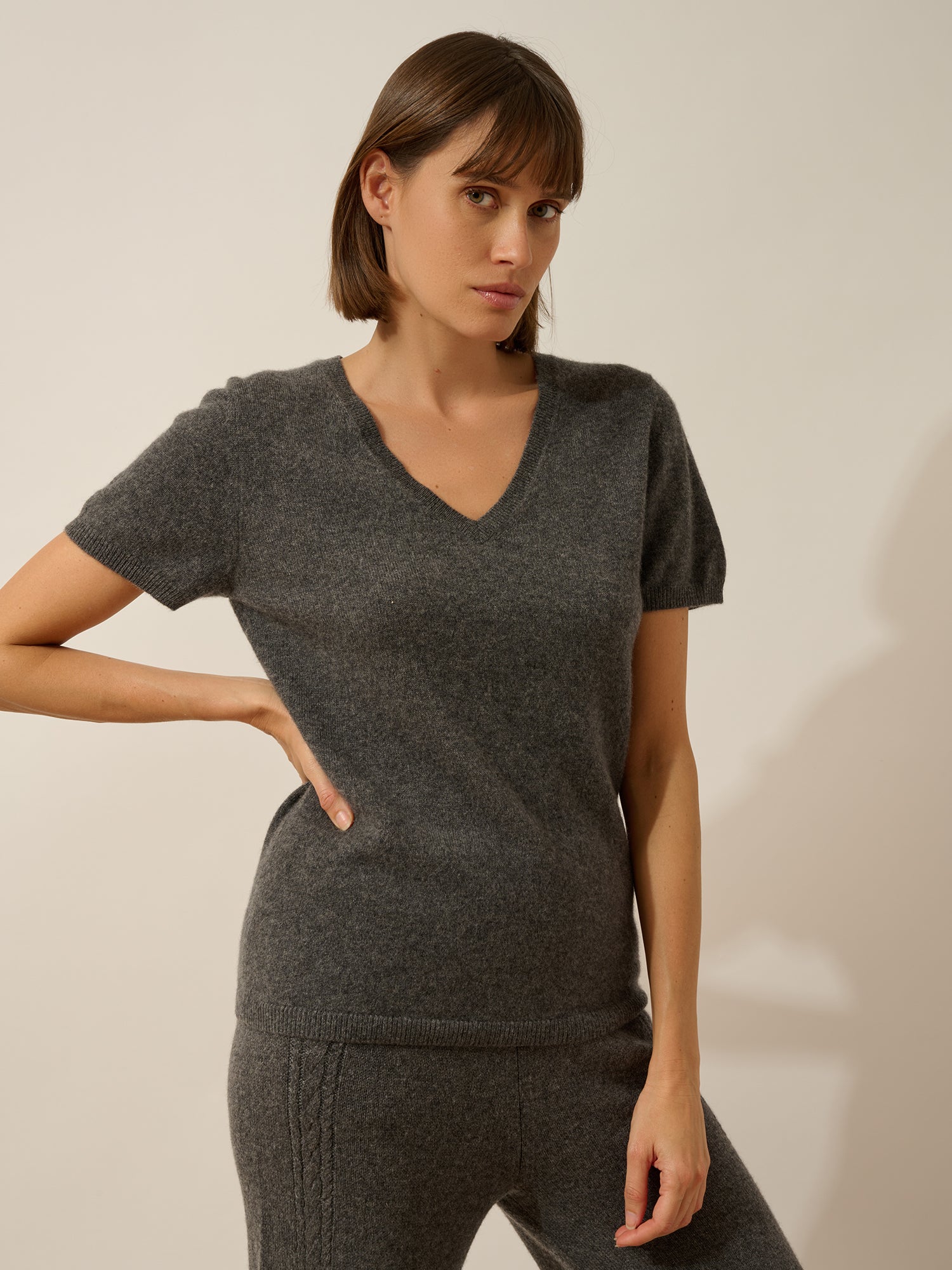 GLAMIS t-shirt col v anthracite chiné