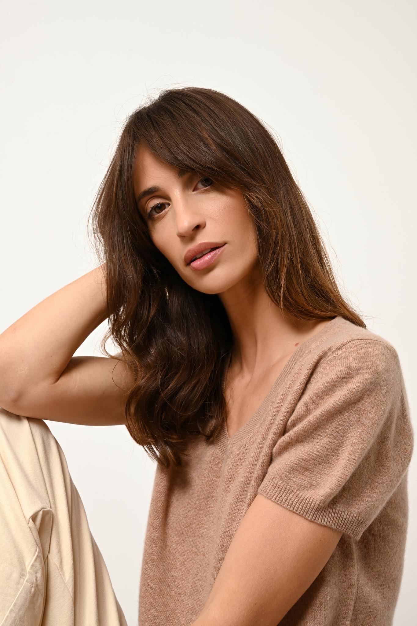 GLAMIS t-shirt col v camel chiné