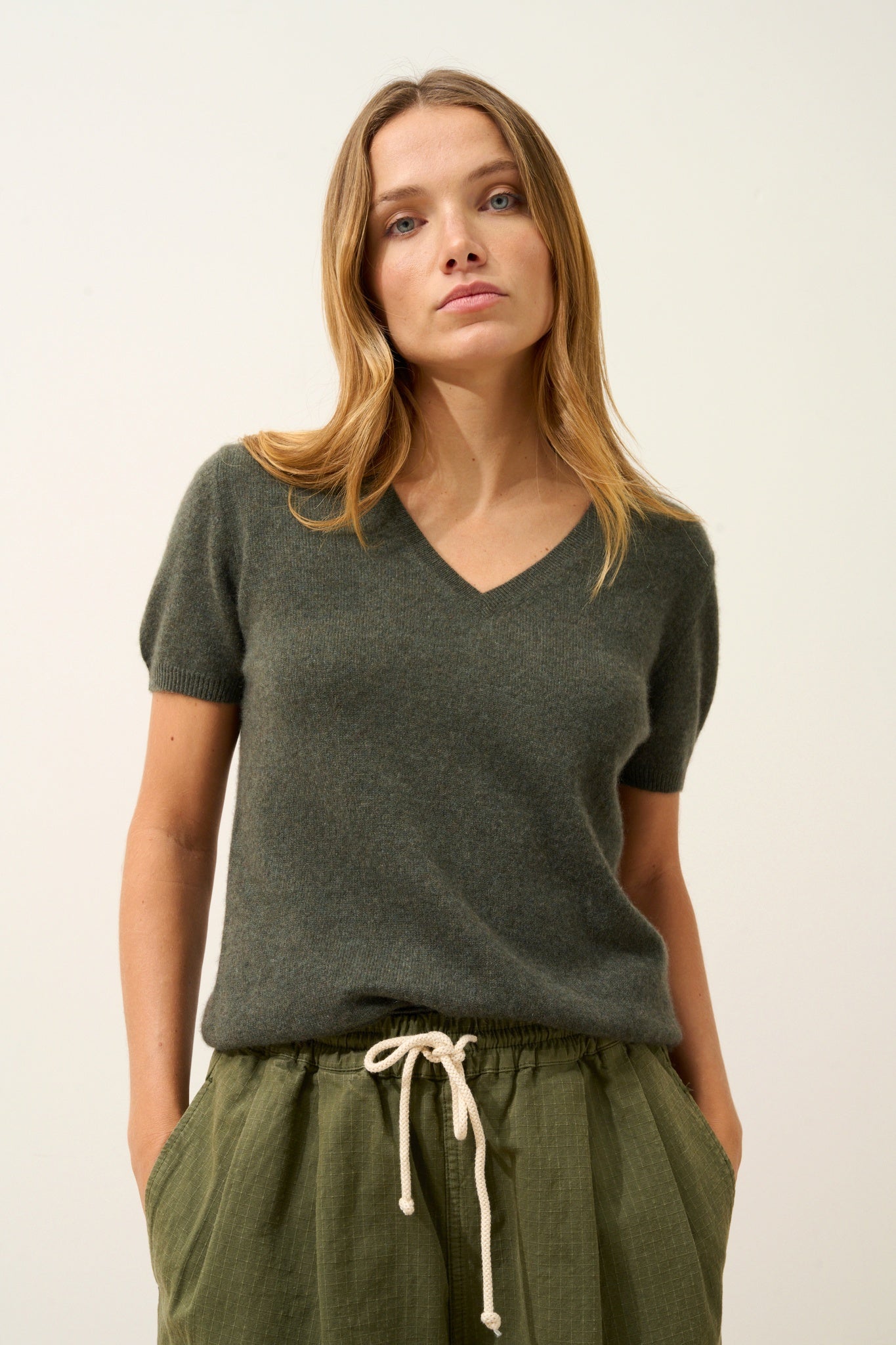 GLAMIS t-shirt col v kaki chiné