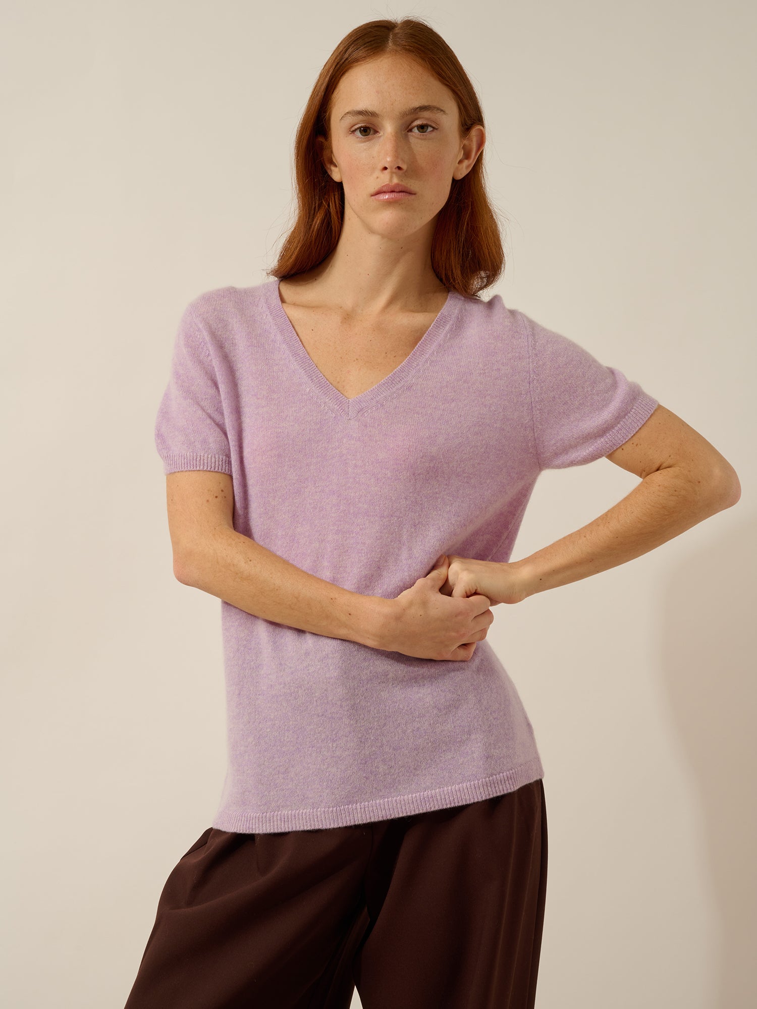 GLAMIS t-shirt col v mauve chiné