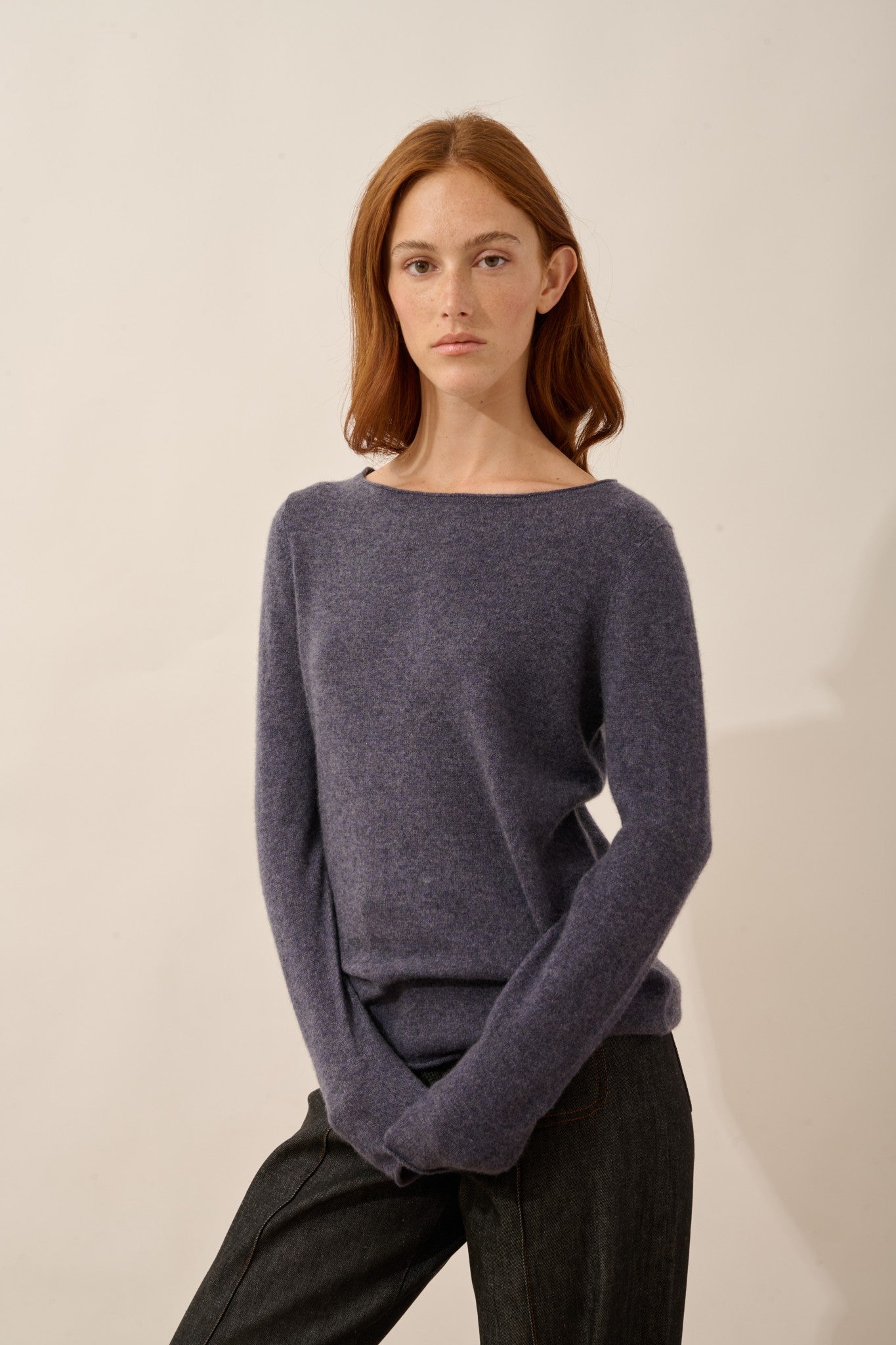 grace pull col bateau violet gris chiné 100% cachemire