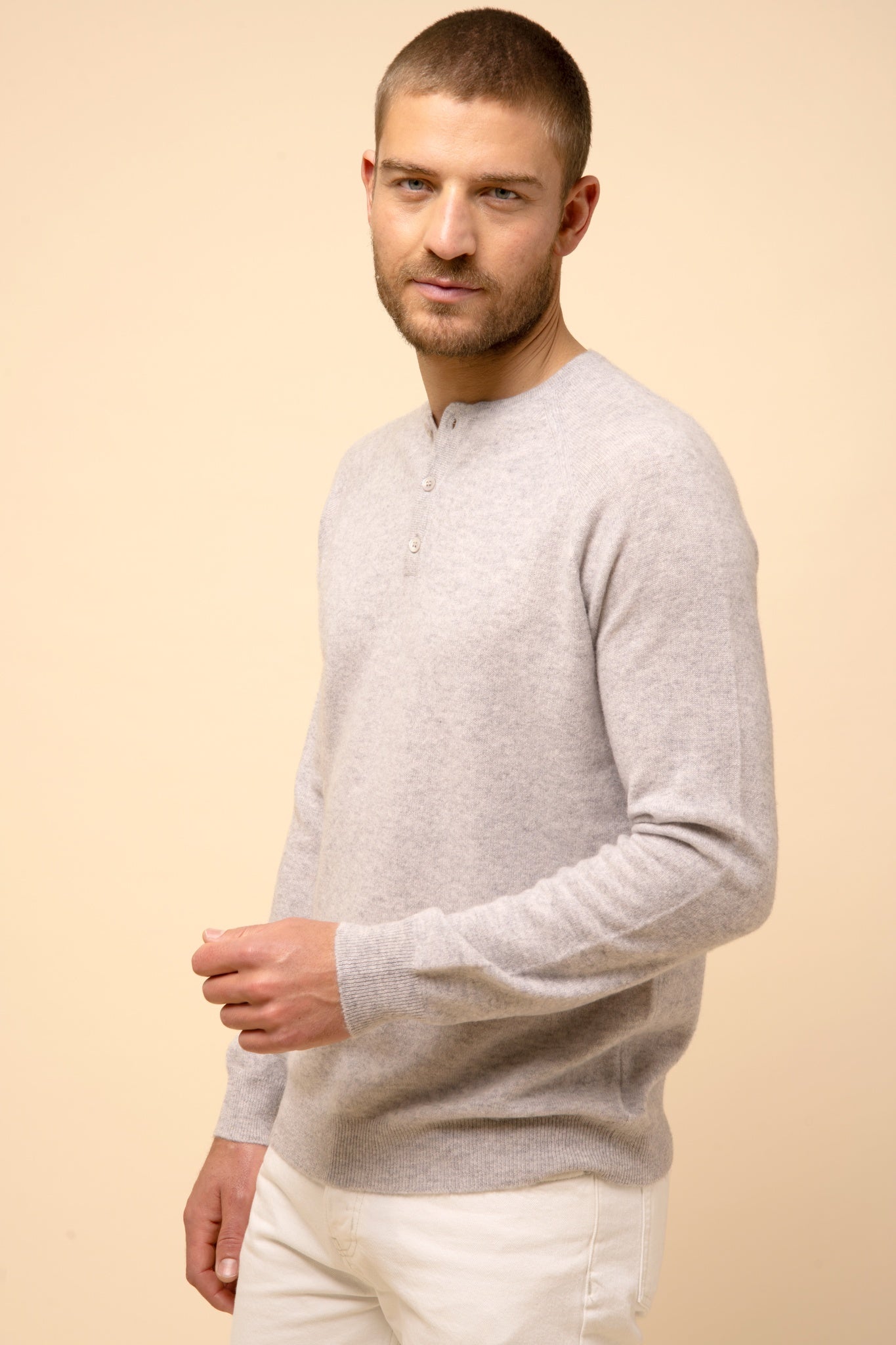 GUZMAN pull col tunisien gris clair chiné