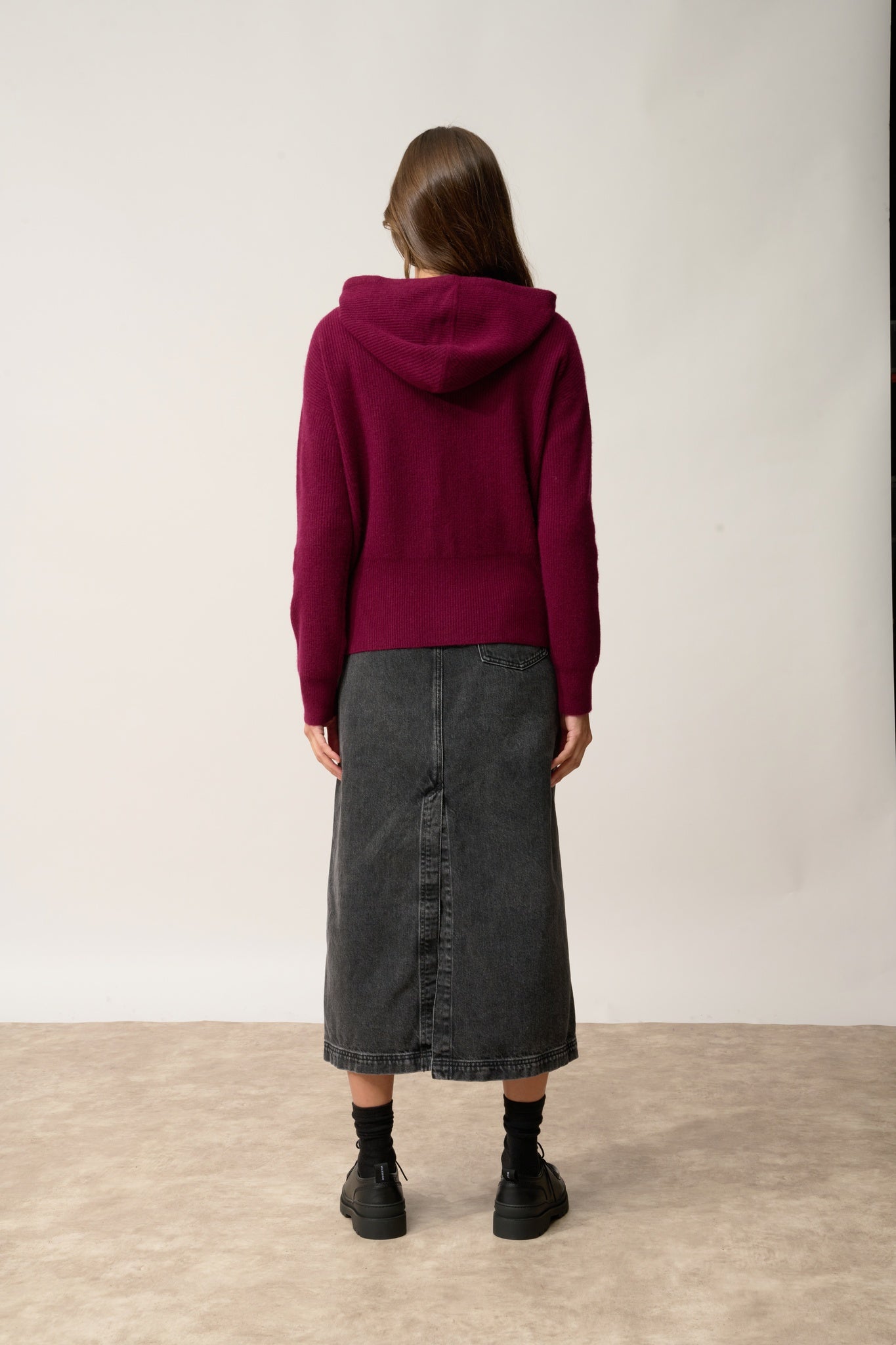 HELGA burgundy hooded zip-neck cardigan