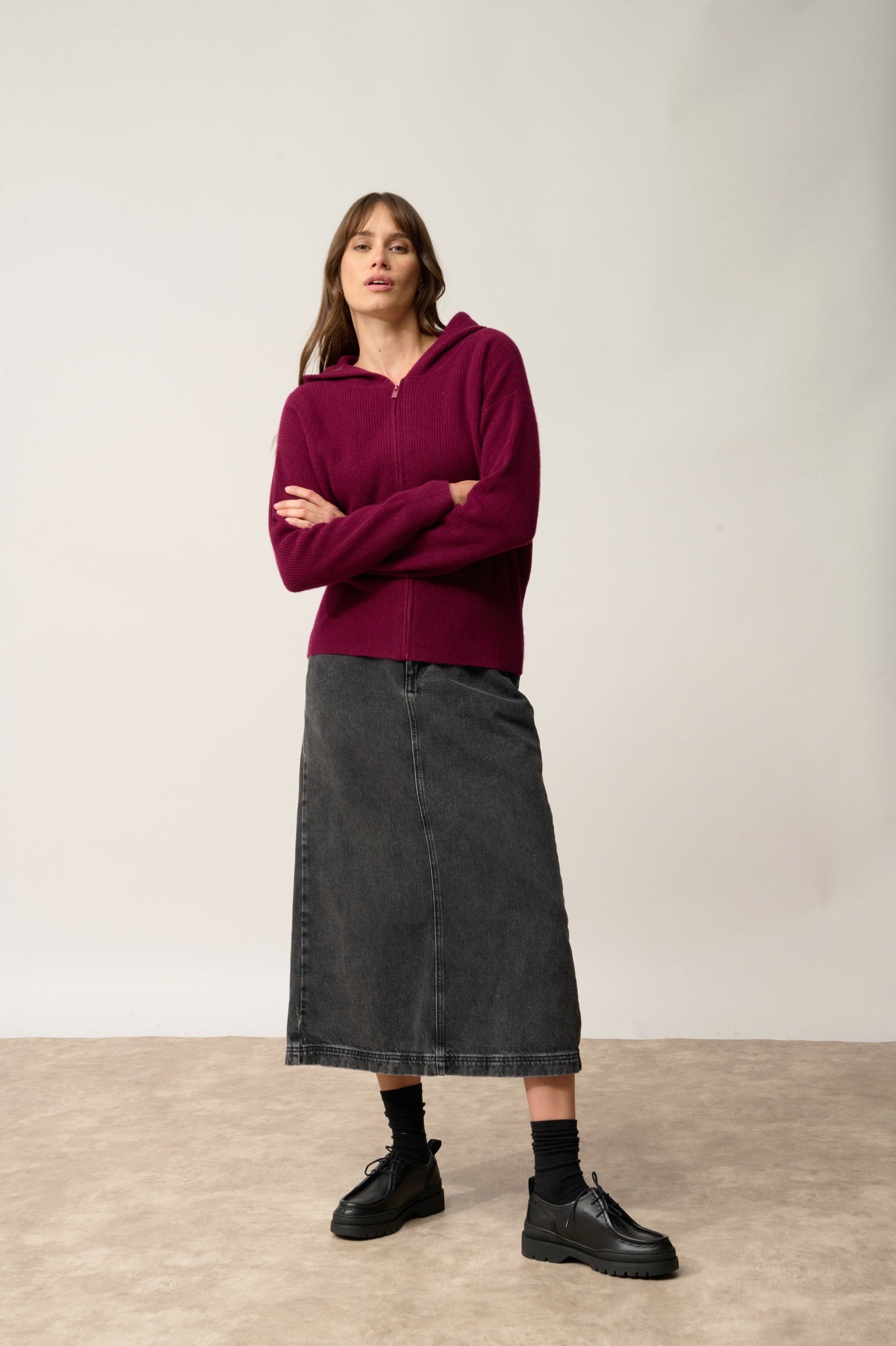 HELGA burgundy hooded zip-neck cardigan